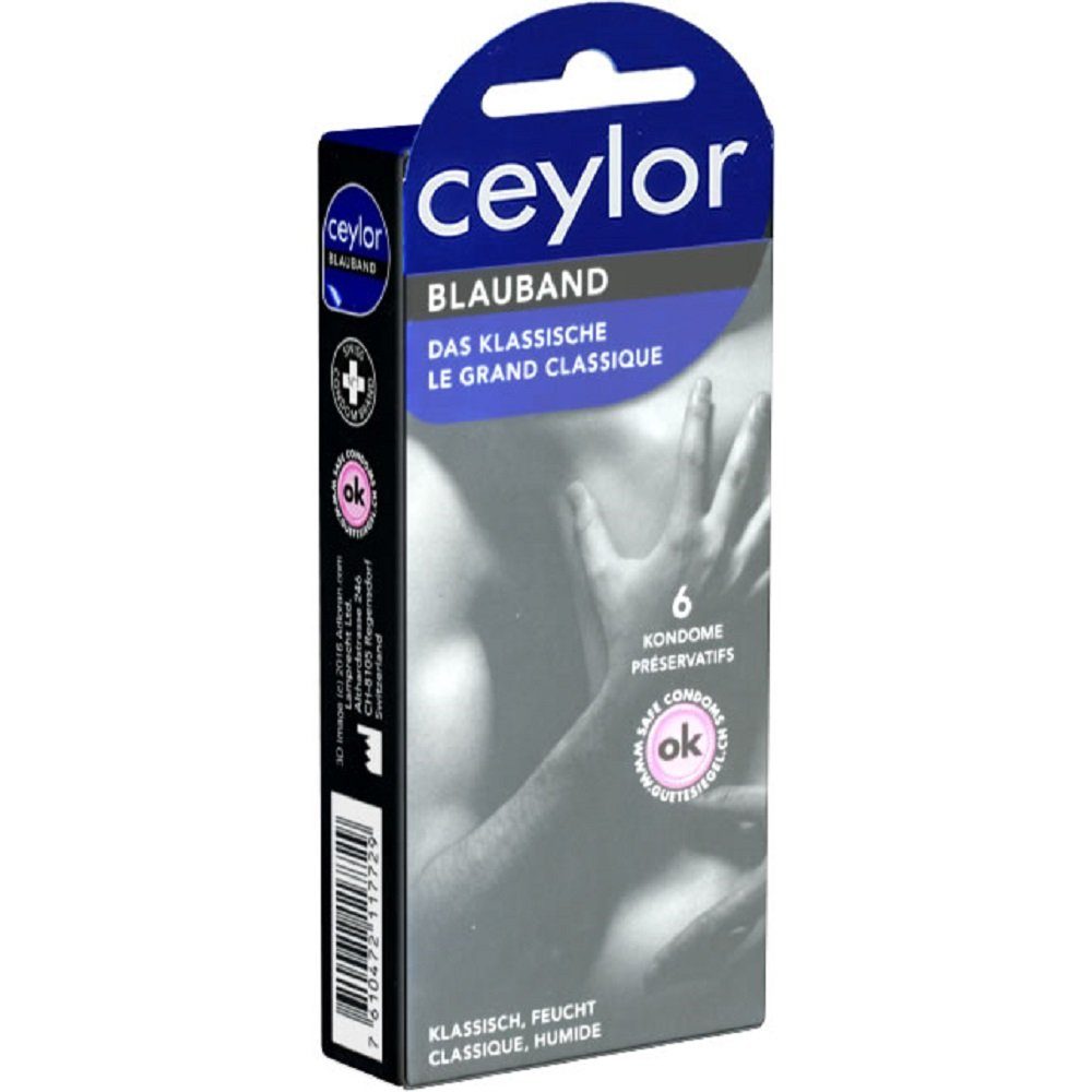 Ceylor Kondome Blauband (Kondome mit Gleitcreme) Packung mit, 6 St., im hygienischen "Dösli", einfach zu öffnen, schnelleres Überziehen