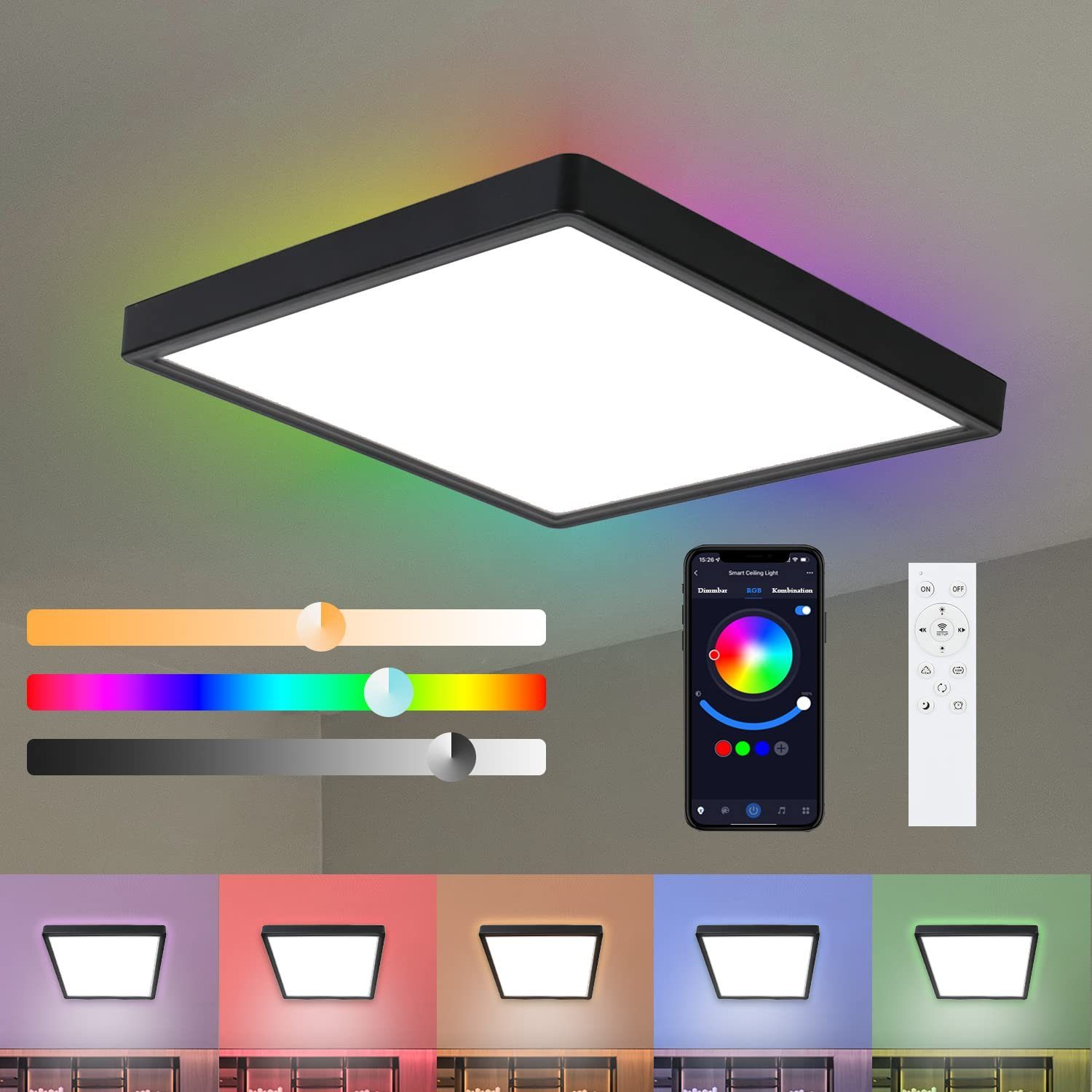 ZMH LED Deckenleuchte Flach Hintergrundbeleuchtung, Smart Tageslichtweiß, integriert, Panel RGB LED mit 36W, Dimmbar, schwarz fest