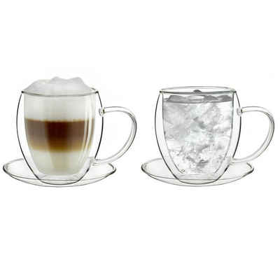 Creano Teeglas Creano doppelwandiges Thermoglas 250ml, 2er-Set, großes hitzebeständig, Borosilikatglas, Mit Untertasse und Henkel
