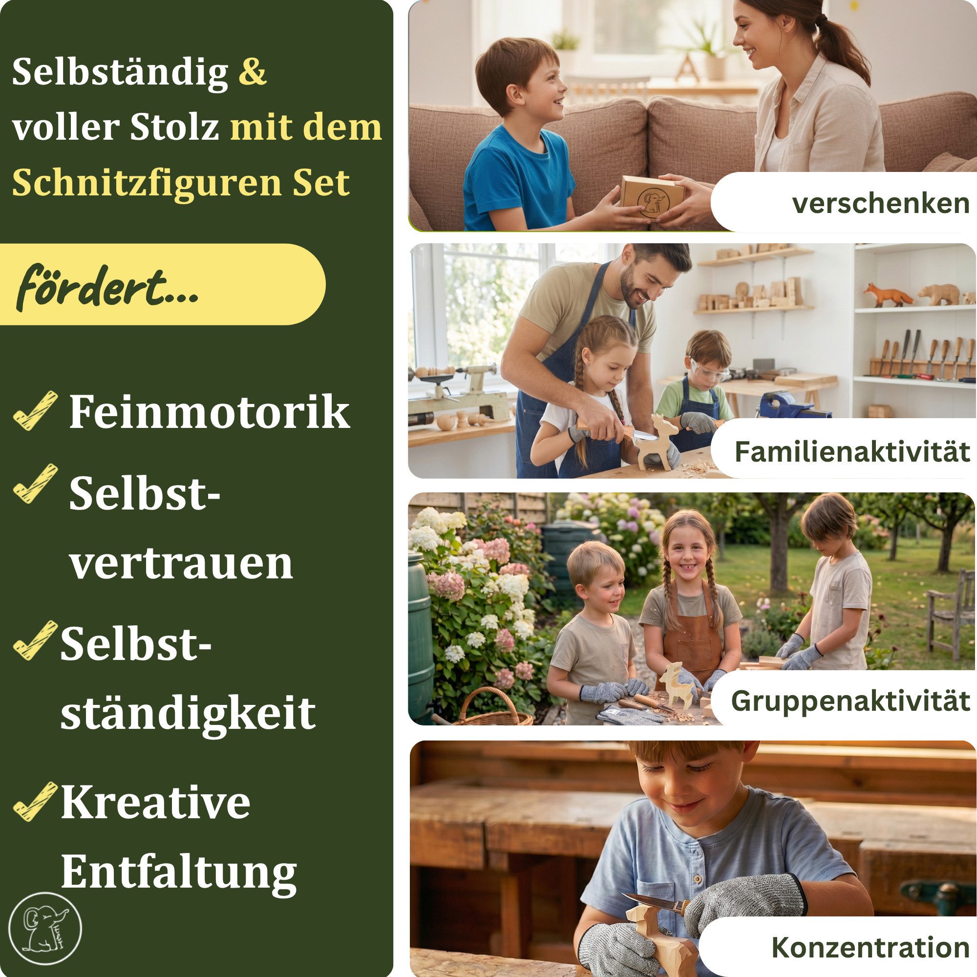 Eli Kantholz Schnitzfiguren zum Schnitzen inkl. Schnitzanleitung für Kinder, (Schnitzholz Linde - Bastelholz - Holzwerken - Holz Rohlinge 10-tlg), Lindenholz - Bastelset - Schnitzrohlinge für Anfänger