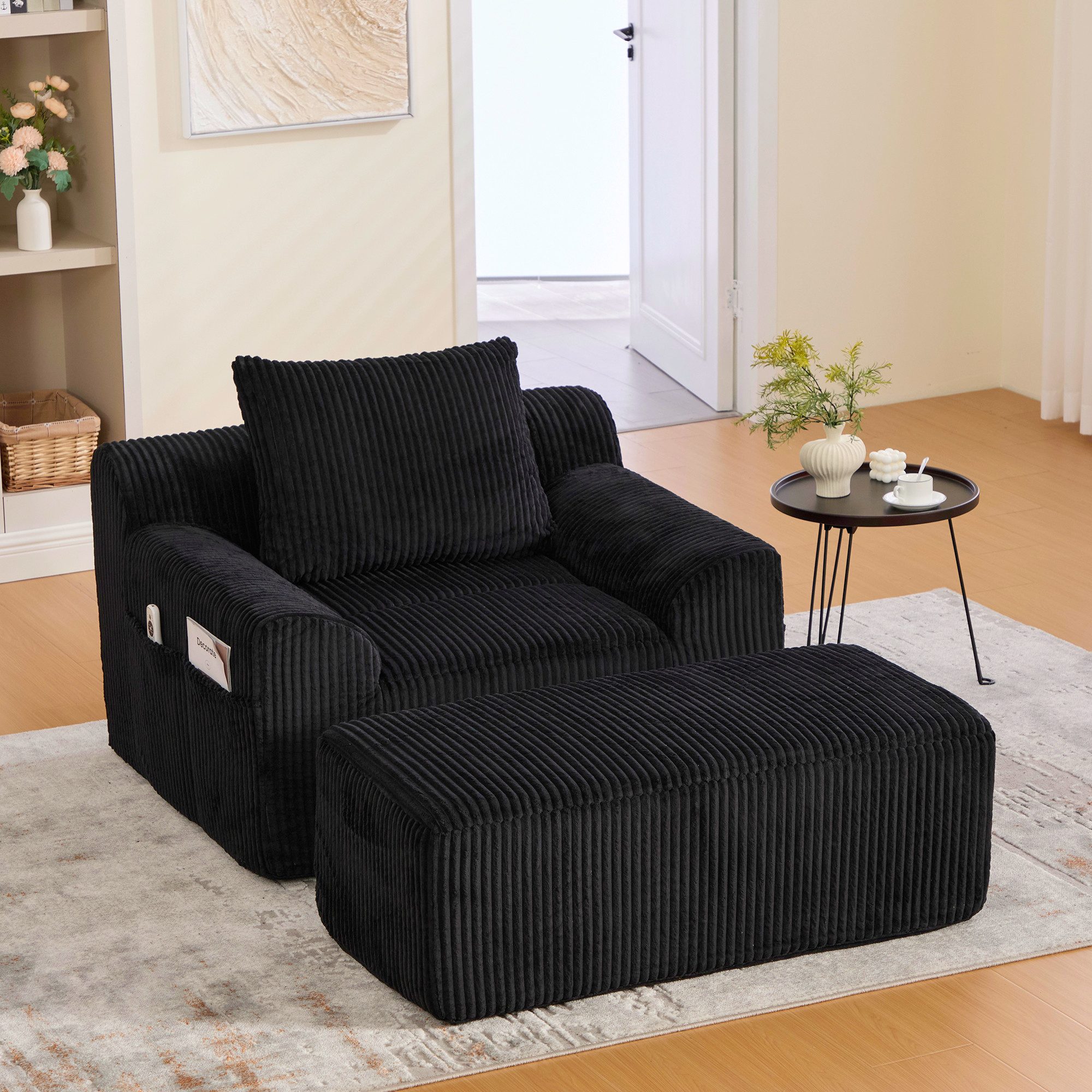 Loungesessel mit Steigbügeln,Relaxsessel Chaiselongue mit Seitentaschen und Kissen