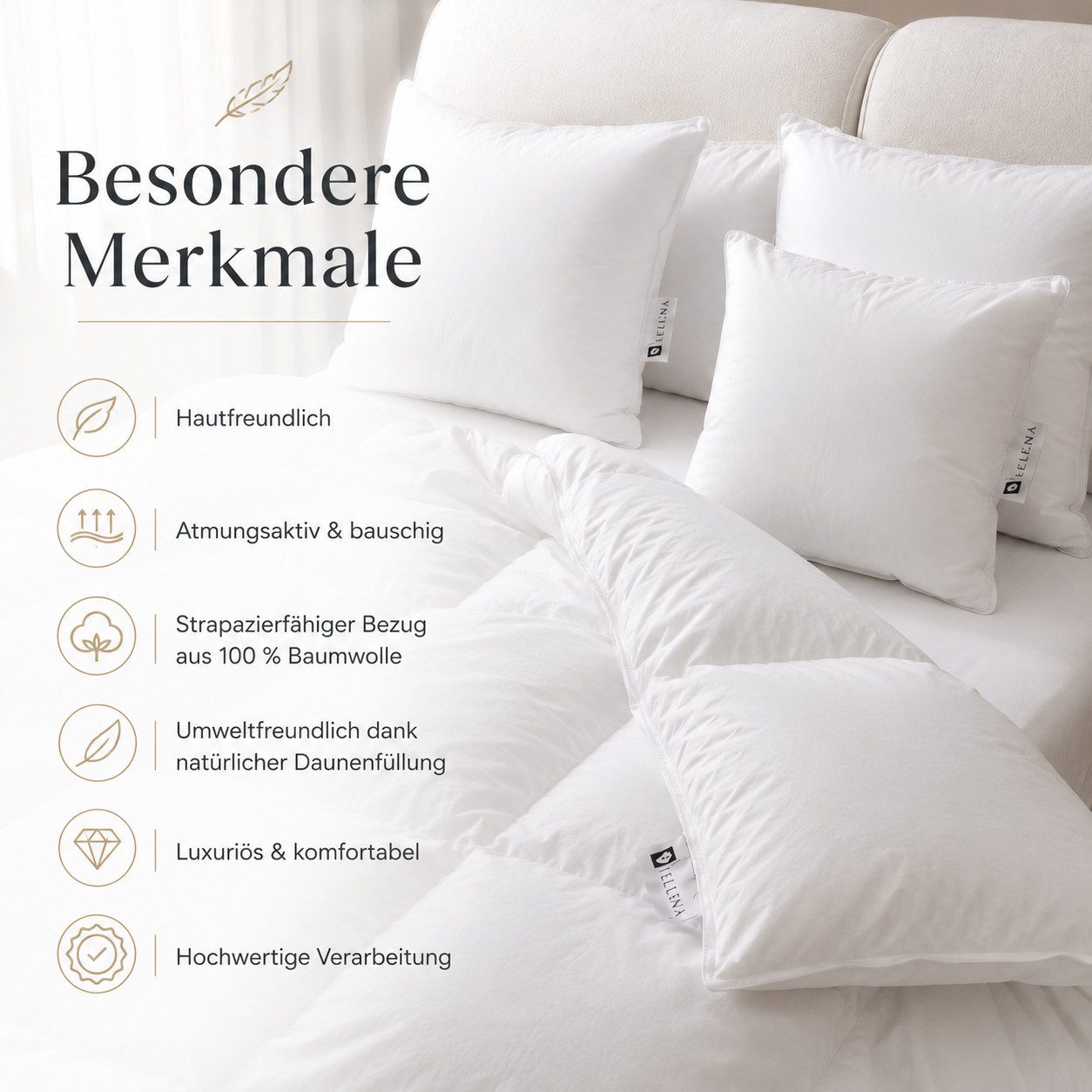 Veluma Gänsedaunenkopfkissen 70x80cm ideal für die gerne höher schlafen und angenehme, Füllung: Die Füllung besteht aus 90 % hochwertiger Gänsedaune und einer stützenden Innenkammer mit Daune und feinem Federanteil. Die weichen Außenkammern sorgen für ein besonders sanftes, anschmiegsames und luxuriöses Liegegefühl direkt am Kopf. Die Innenkammer verleiht dem Kissen Volumen, Elastizität, Sprungkraft und eine sehr gute Formbeständigkeit. Durch diese 3-Kammer-Konstruktion verbindet das Kissen luxuriöse Weichheit mit stabiler Unterstützung. Es bleibt angenehm prall, richtet sich nach dem Gebrauch wieder schön auf und eignet sich ideal für Menschen, die gerne etwas höher schlafen und ein komfortables Gänsedaunenkissen in Hotelqualität suchen., Dieses 3-Kammer-Gänsedaunenkissen eignet sich besonders für Menschen, die gerne etwas höher schlafen und ein pralles, formstabiles Kopfkissen bevorzugen. Die weichen Außenkammern schmiegen sich angenehm an Kopf und Nacken an, während die stützende In