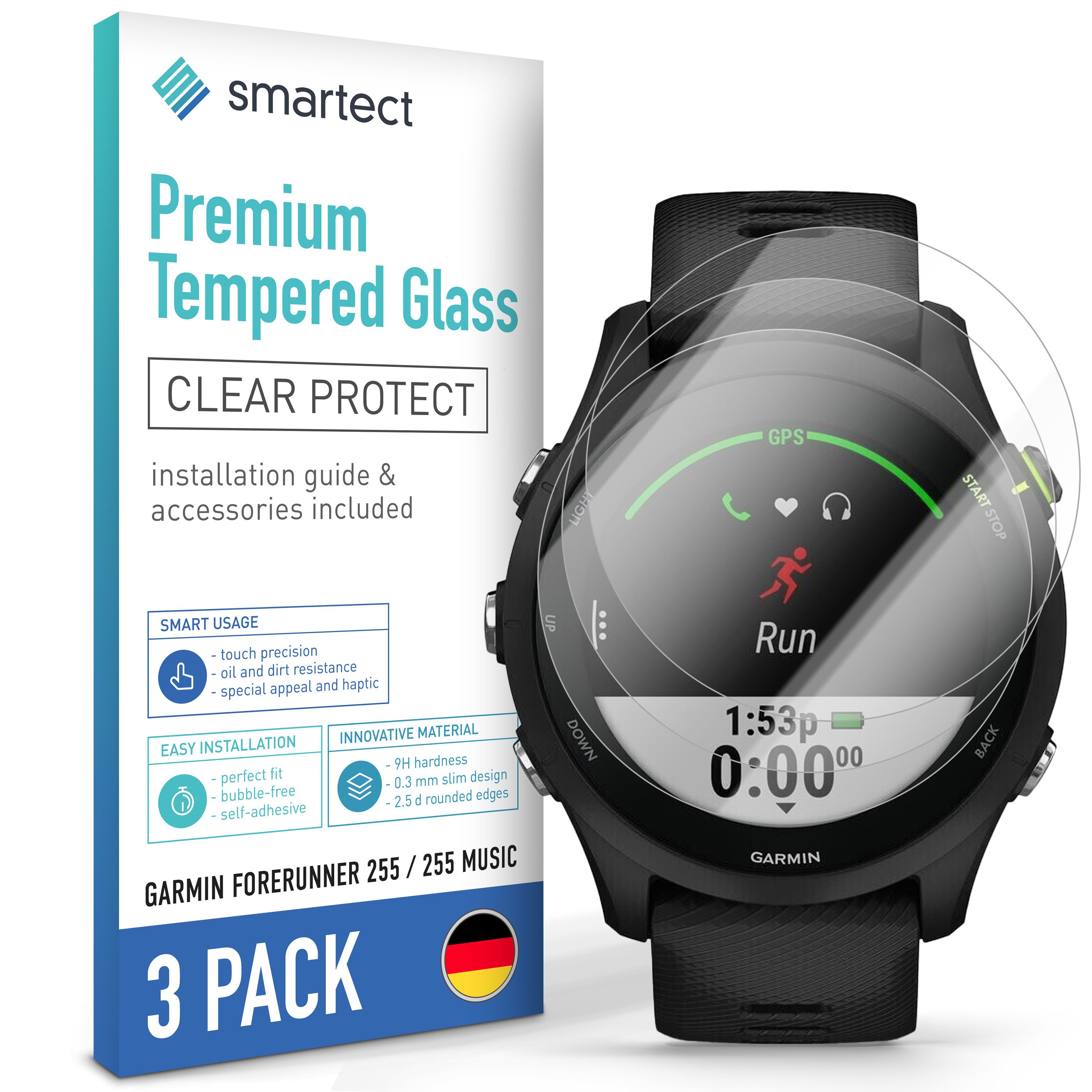 smartect Displayschutzglas Schutzglas Panzerfolie Klar für Garmin Forerunner 255/255 Music, Set, 3 Stück, Schutzfolie Glasschutz Bildschirm