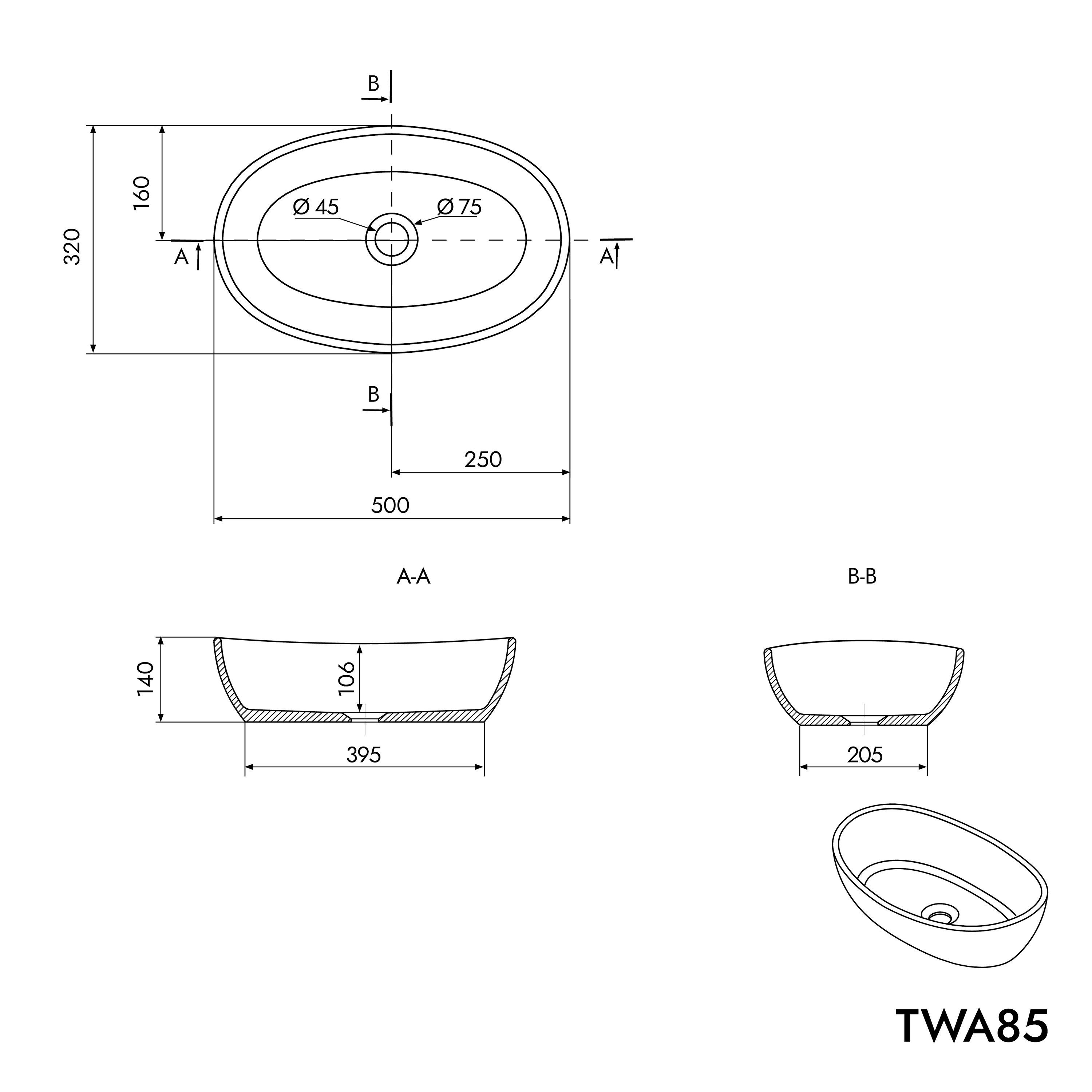 Bernstein Aufsatzwaschbecken TWA85 50cm Weiß matt, Aufsatzwaschbecken oval Mineralguss matt inkl Pop-up