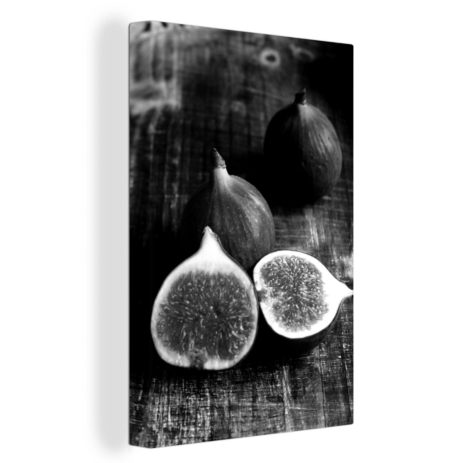 OneMillionCanvasses® Leinwandbild Kunstvolle Feigen auf einem Holztisch - schwarz und weiß, (1 St), Leinwandbild fertig bespannt inkl. Zackenaufhänger, Gemälde, 20x30 cm