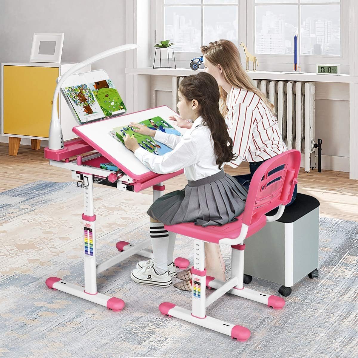KOMFOTTEU Kinderschreibtisch höhenverstellbar (Set), mit Stuhl & Lampe