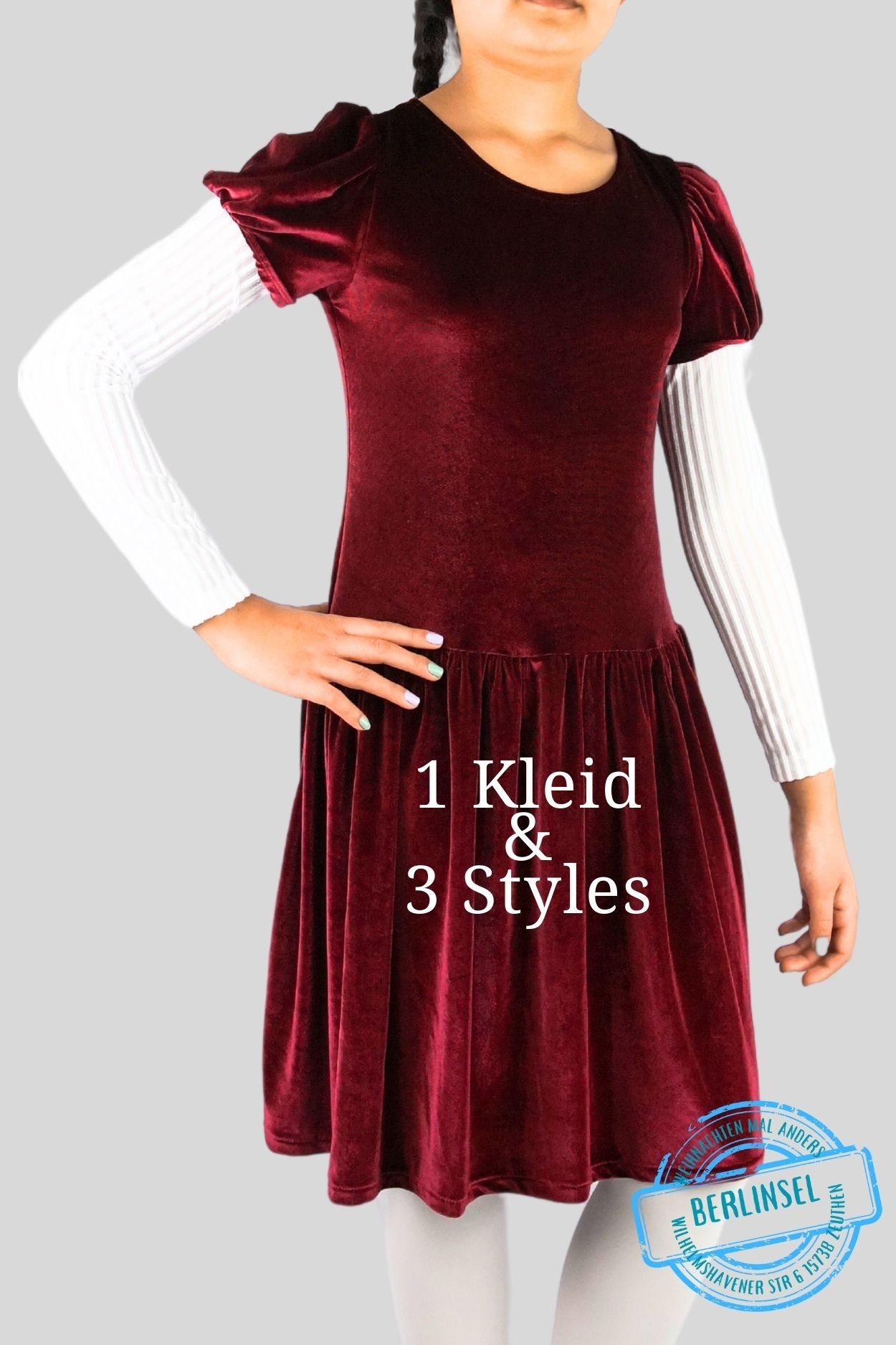 Berlinsel Partykleid Mädchen Abendkleid Festtagskleid Partykleid 3 in 1 mit Armstulpen weinrot aus Samt für festliche Anlässe oder als Weihnachtsgeschenk