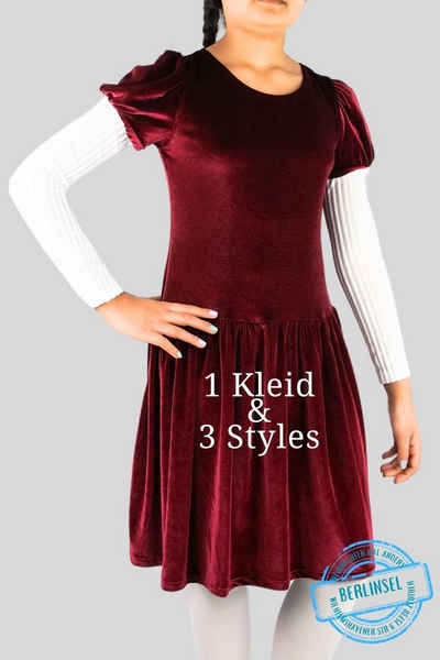 Berlinsel Partykleid Mädchen Abendkleid Festtagskleid Partykleid 3 in 1 mit Armstulpen weinrot aus Samt für festliche Anlässe oder als Weihnachtsgeschenk