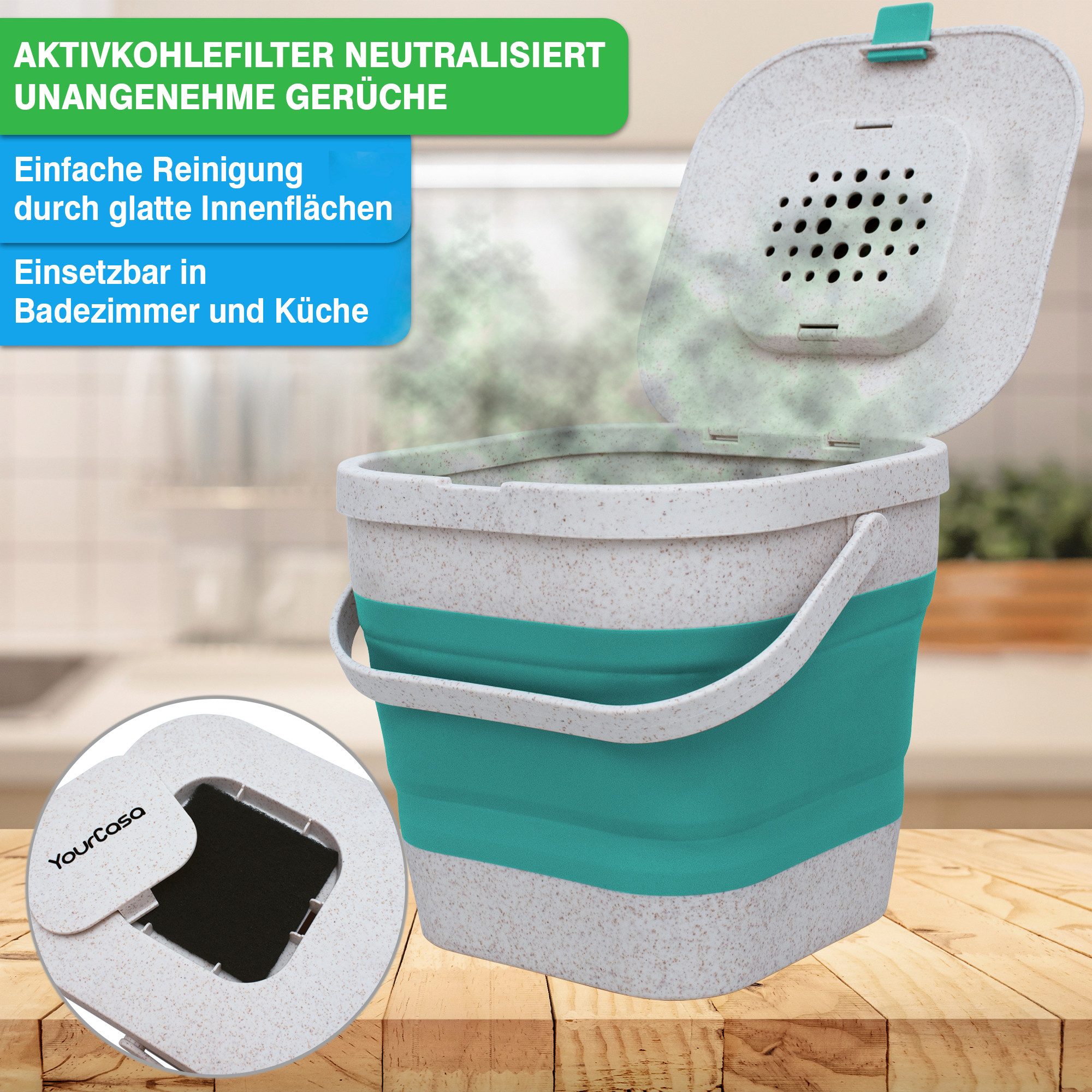 YourCasa Biomülleimer YourCasa® Biomülleimer Küche klein 4L nachhaltig mit Akivkohlefilter, Fassungsvermögen 4L, nachhaltige Materialien