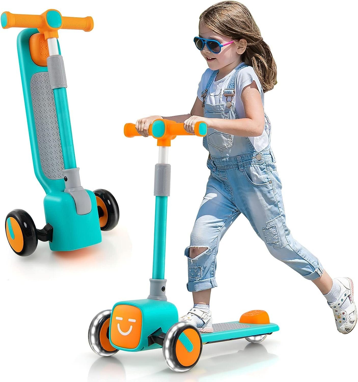 KOMFOTTEU Cityroller Kinderroller, faltbar & höhenverstellbar, mit LED