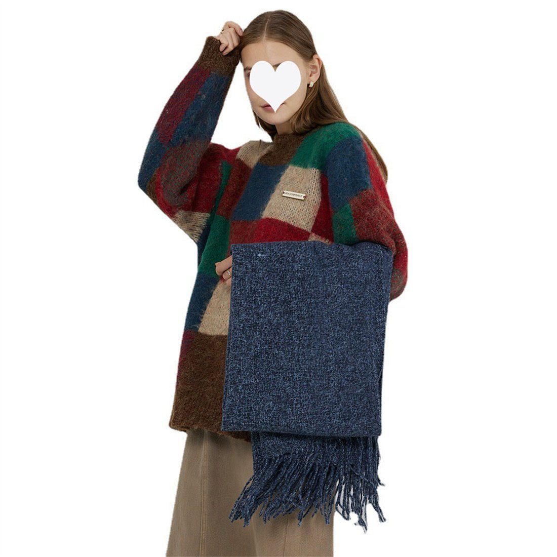 DÖRÖY Modeschal Damen Vintage solide Farbe Schal, Schal, blau warmen Quaste Winterschal