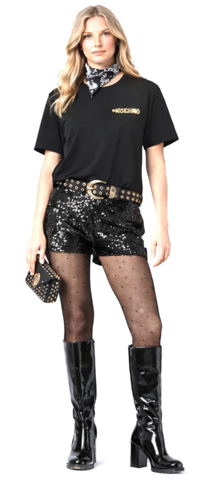Moschino T-Shirt COUTURE Damen Metal Gold Logo Regular Fit Goldene Metall-Logo-Applikation auf der Brust