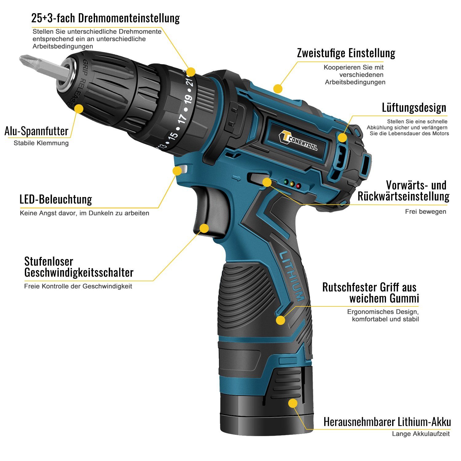 Ulife Akku-Schraubendreher CONENTOOL 1×Akku, 1500,00 40,00 (Set, und mit Ladegerät, Aufbewahrungskoffer, Ladegerät Akku Bohrschrauber, Bit-Set), Nm, U/min