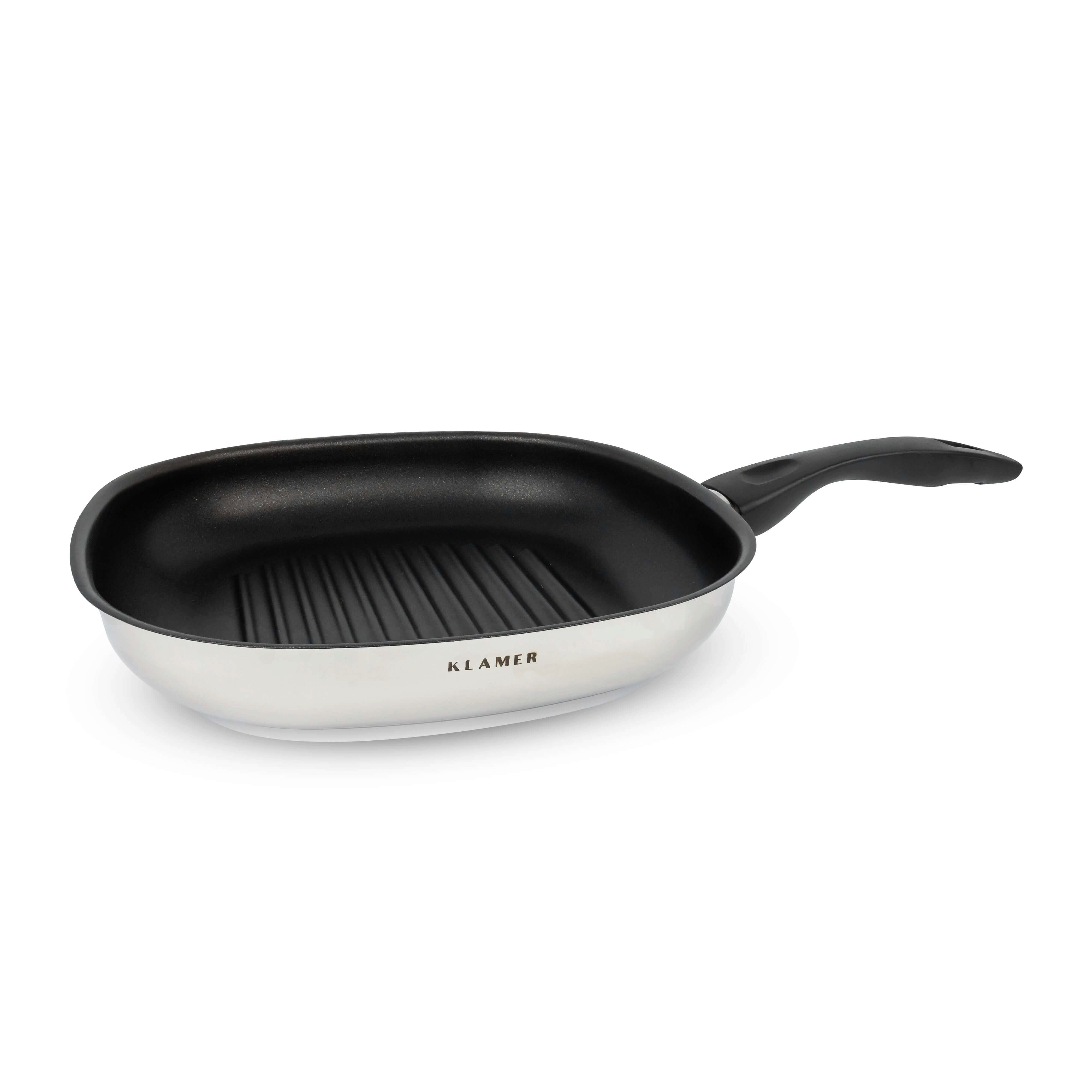 KLAMER Grillpfanne 28cm, antihaftbeschichtete Induktions-Pfannne, 28cm Viereckpfanne, St…, Edelstahl, Spülmaschinenfest, für alle Herdarten