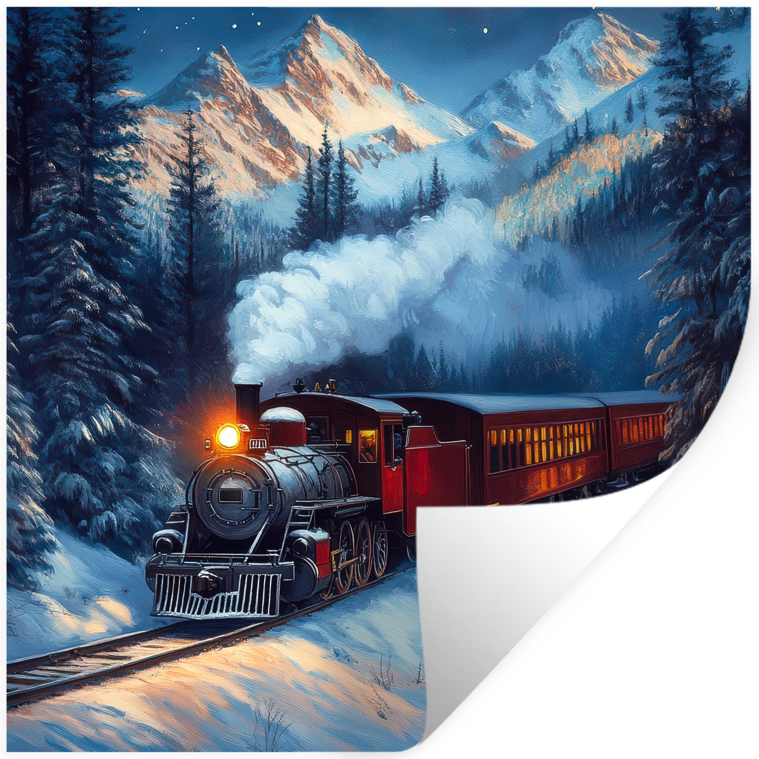 MuchoWow Wandsticker Zug - Weihnachten - Schnee - Weihnachtszug (1 St), Wandaufkleber, Selbstklebend, Wohnzimmer, 80x80 cm