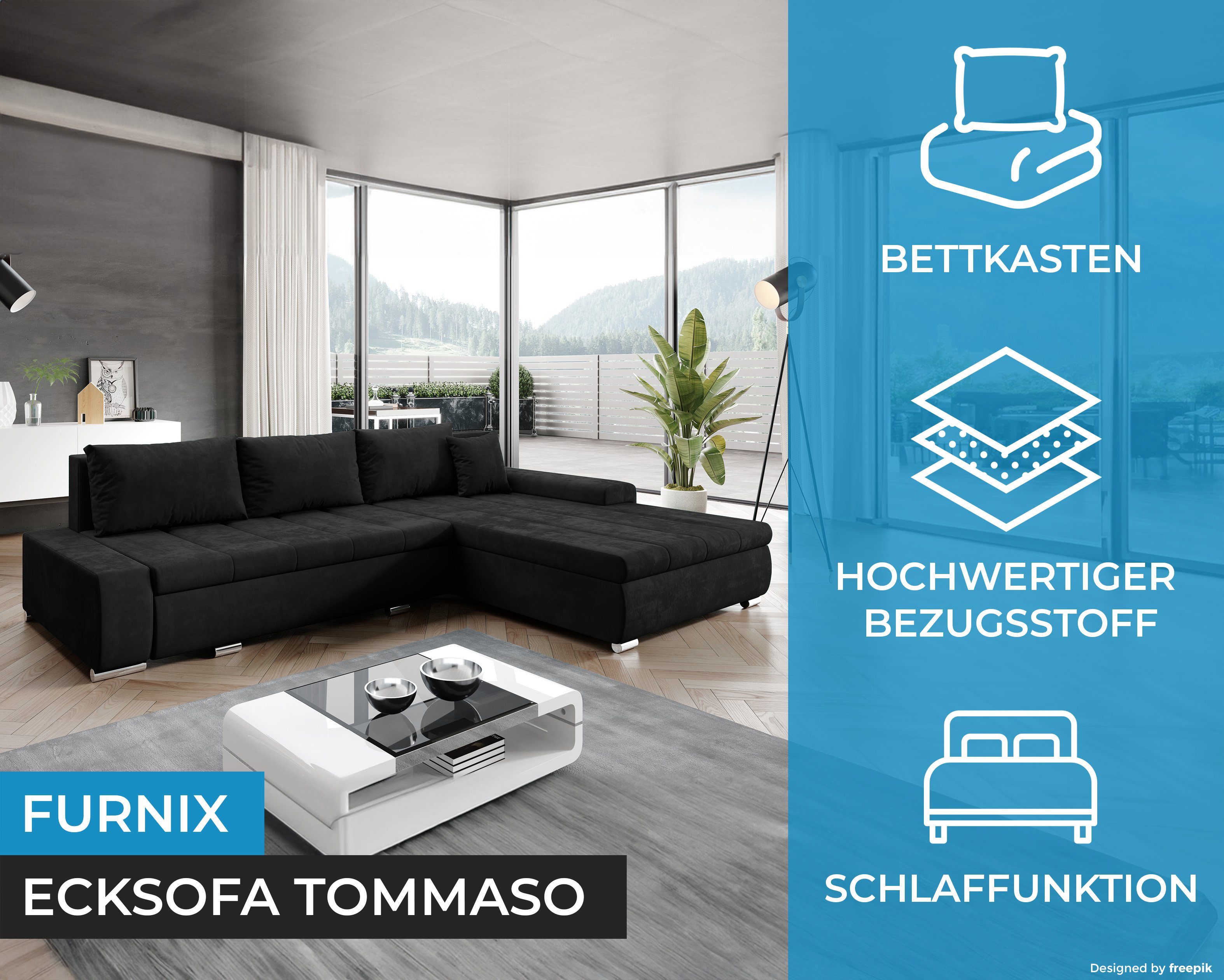 Schwarz Couch, EU x Kissen in Schlaffunktion Ecksofa mit Bettkasten Stoff Made hochwertig, MH97 cm, Sofa x Furnix B297 H85 T210 TOMMASO
