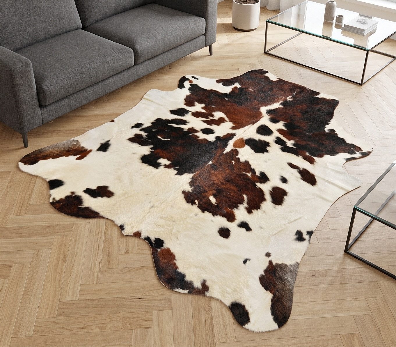 KUHFELL online & NOMAD Fellteppich Kuhfell Teppich Tricolor Braun Weiß Echtfell 230x200 cm