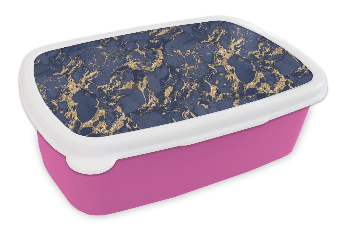 MuchoWow Lunchbox Blau - Gold - Muster - Marmor, Kunststoff, (2-tlg), Brotbox für Erwachsene, Brotdose Kinder, Snackbox, Mädchen, Kunststoff rosa