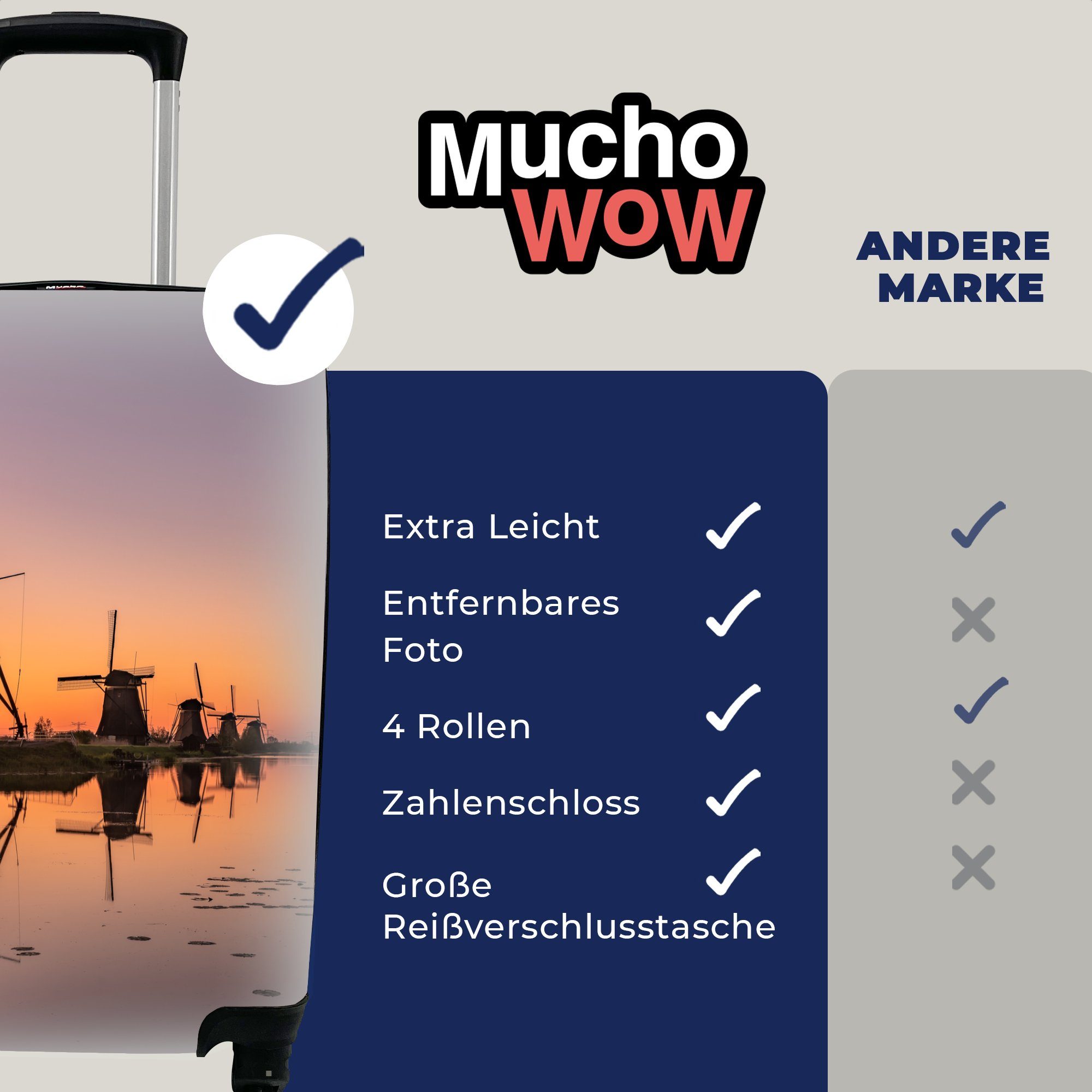 MuchoWow Handgepäckkoffer Mühle - für mit Horizont Nacht, rollen, Handgepäck - Reisekoffer Ferien, Reisetasche Trolley, Rollen, 4