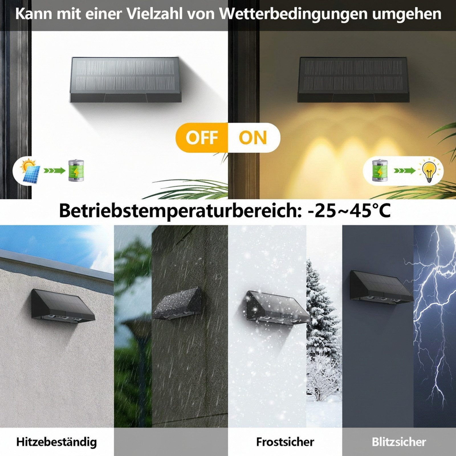 Nettlife LED Außen-Wandleuchte Schwarz 3 LEDs Solarlampe 3000K Warmweiß 2 Modi Solarwandleuchte, LED fest integriert, Warmweiß, solarleuchte für Zaun Terrasse B – Bild 3 von 5