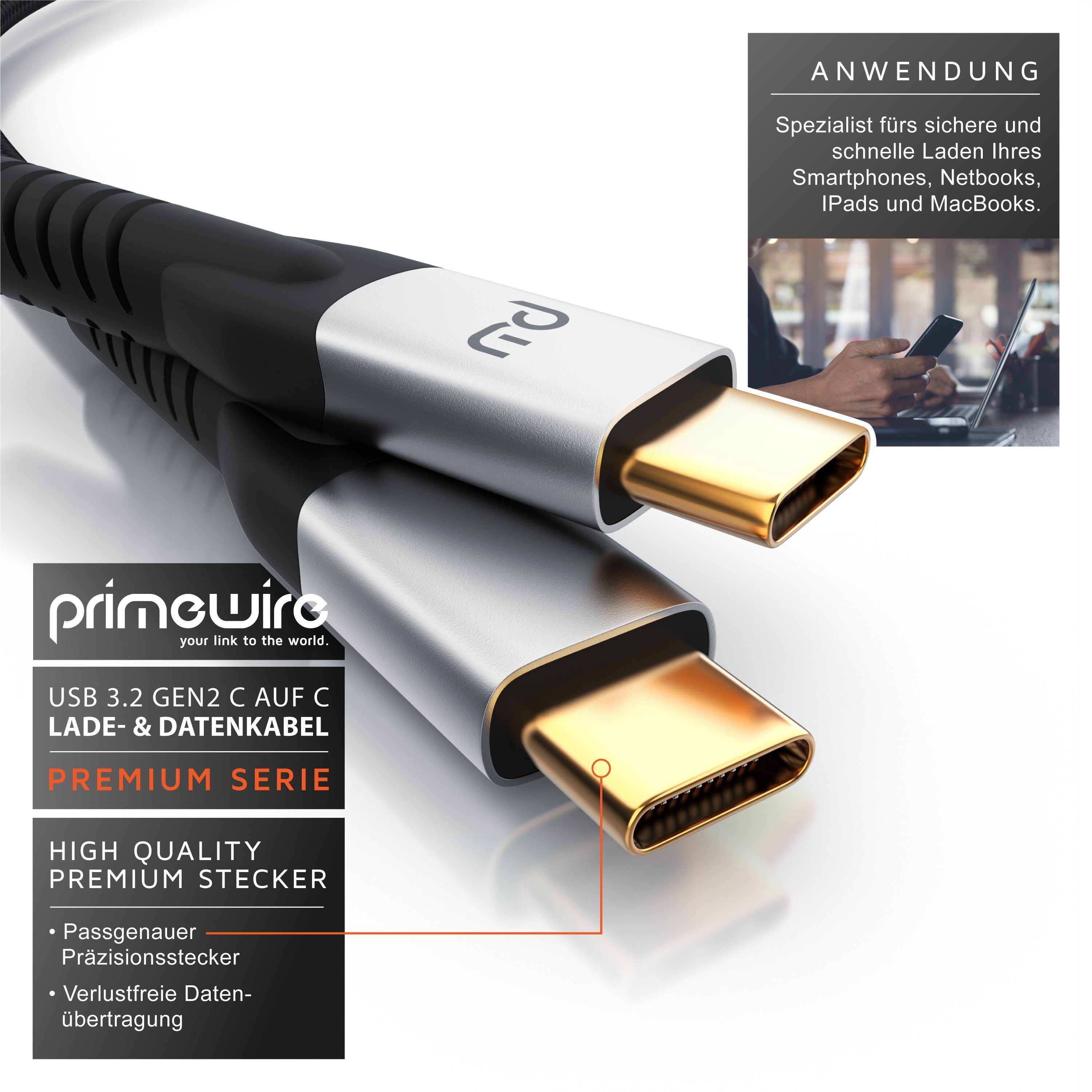 Primewire USB 3.2 Gen2 - Power Delivery 100 W - Datenkabel 10 Gbit/s - 1m USB-Kabel, USB Typ C, USB Typ C Stecker (100 cm), schnelles Laden für Smartphone, Tabl – Bild 4 von 5