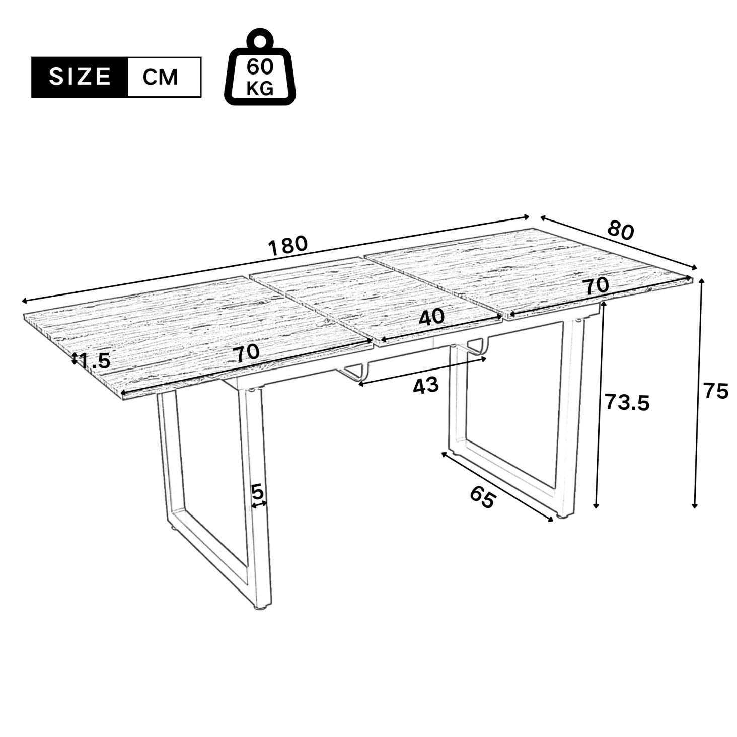 IDEASY Esstisch Erweiterbarer Esstisch Industriestil - Moderner Tisch aus Eisen & MDF (Längenverstellbar (140-180 cm), Stahlrohrrahmen), MDF-Platte, einfache Montage in 20 Minuten