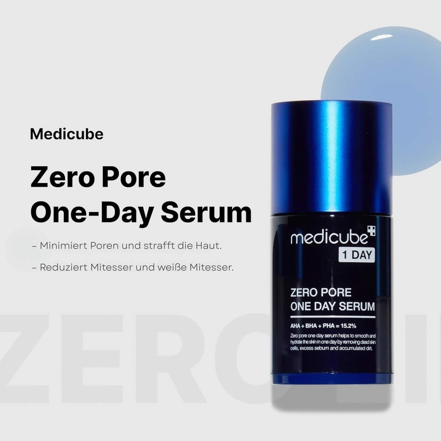 Medicube Gesichtsserum Zero Pore One Day Serum 30ml – Porenverfeinerndes Gesichtsserum mit 15,2 % AHA, BHA, PHA und 2 % Niacinamid – gegen, Mitesser, vergrößerte Poren, fettige Haut – K-Beauty