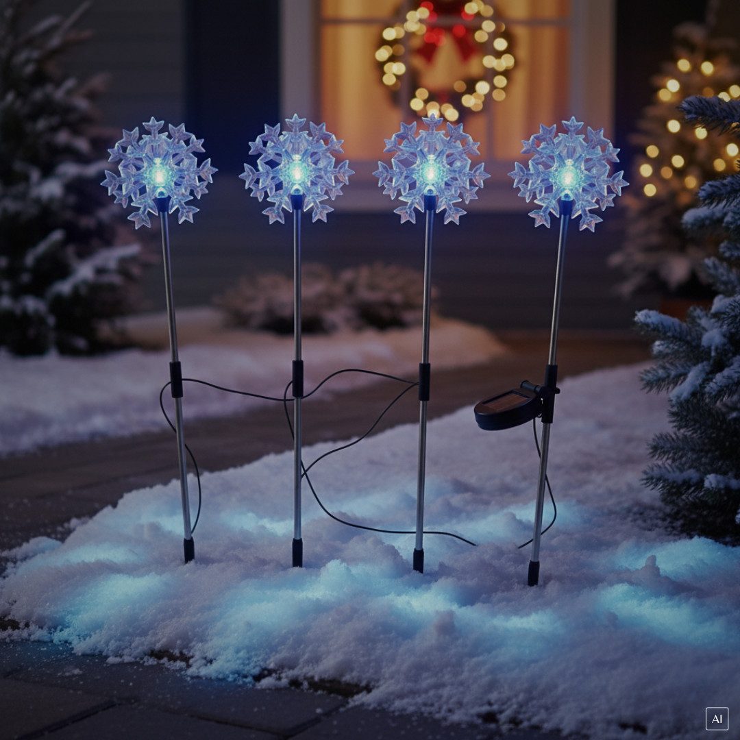 abc HOME Gartenstecker Schneeflocken, 4er Set, LEDs, Solarpanel, Lichtsensor