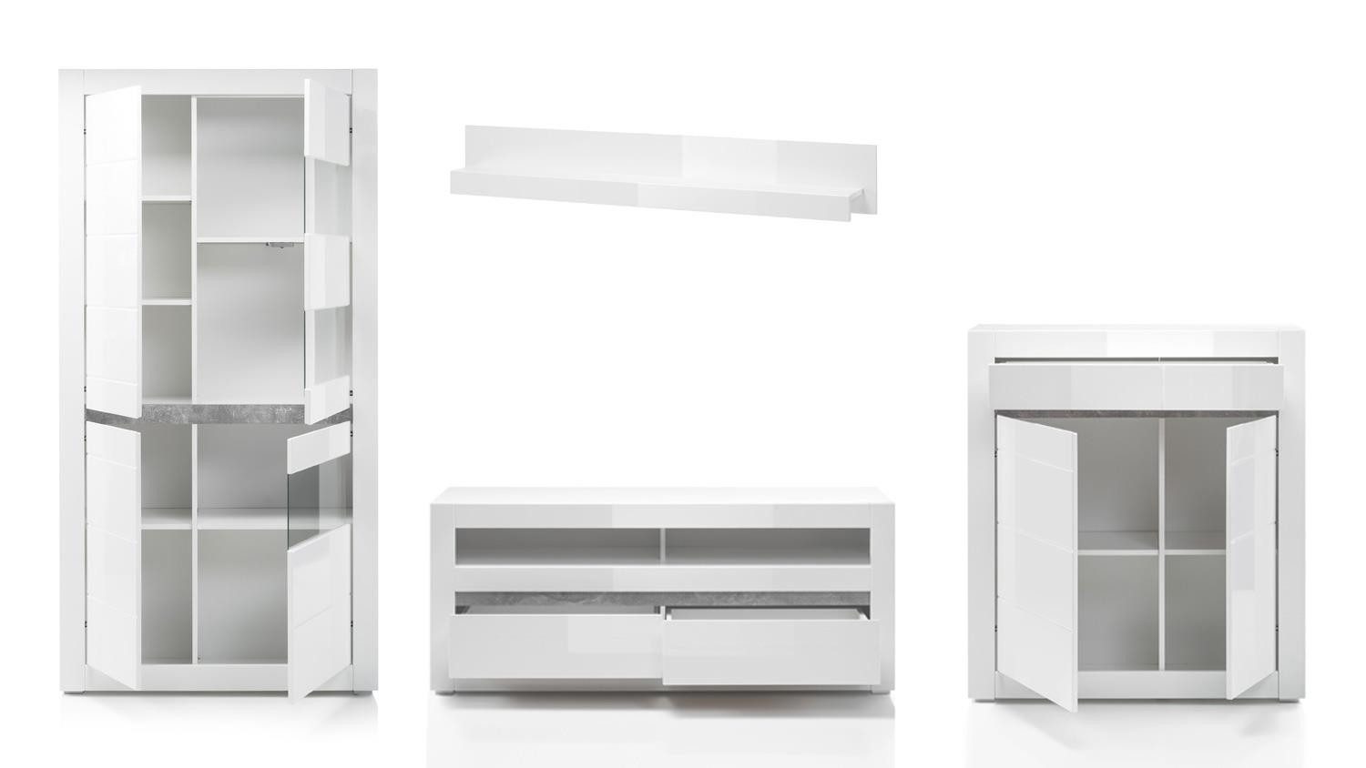 Möbel Akut Wohnwand Wohnwand 4 Carat Anbauwand Wohnzimmer weiß Hochglanz, (4-St)