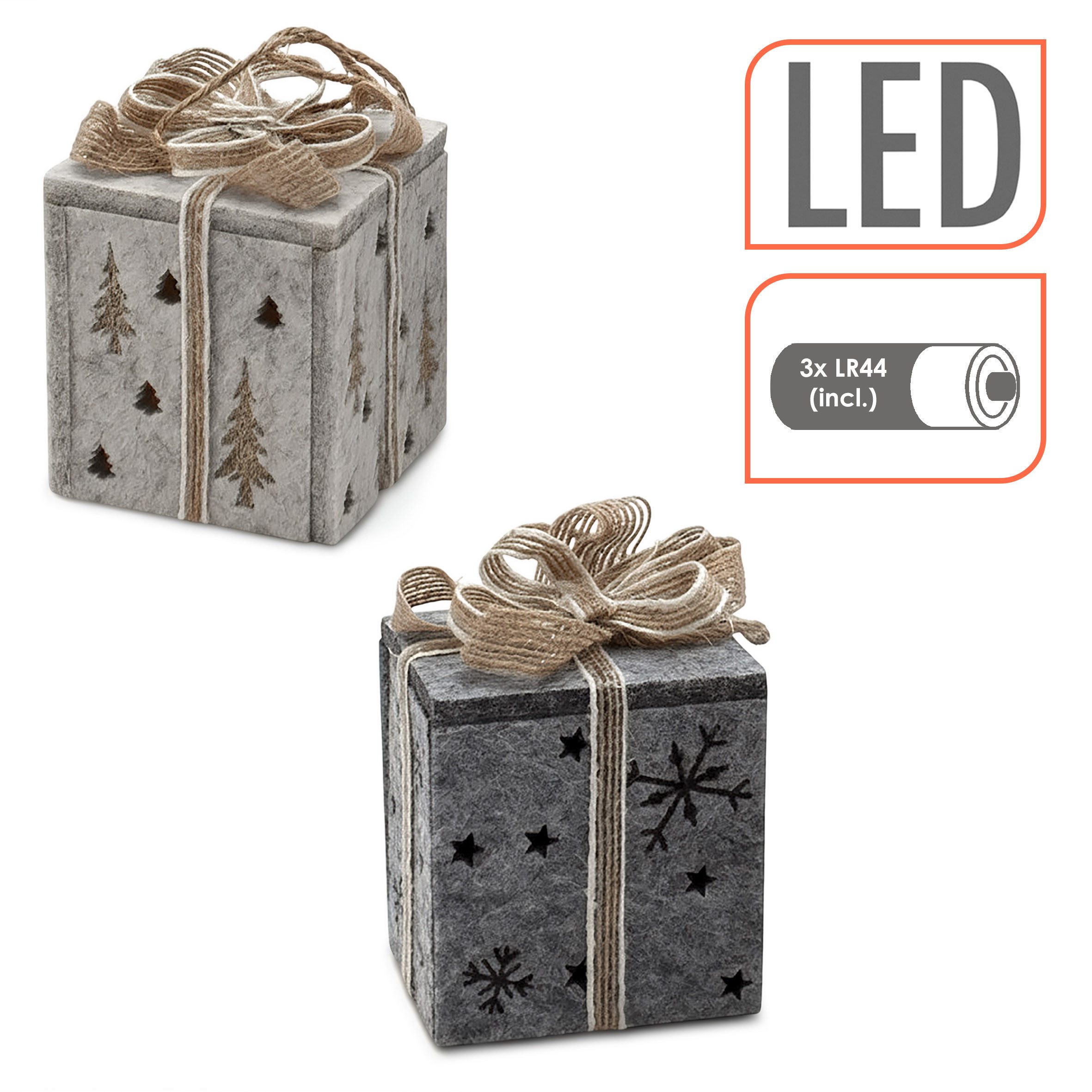 Spetebo LED Lichtbox Filz Geschenkbox warm weiß inklusive Batterie - 2er Set, LED fest integriert, warm weiß, inklusive 3x LR44 Knopfzellen