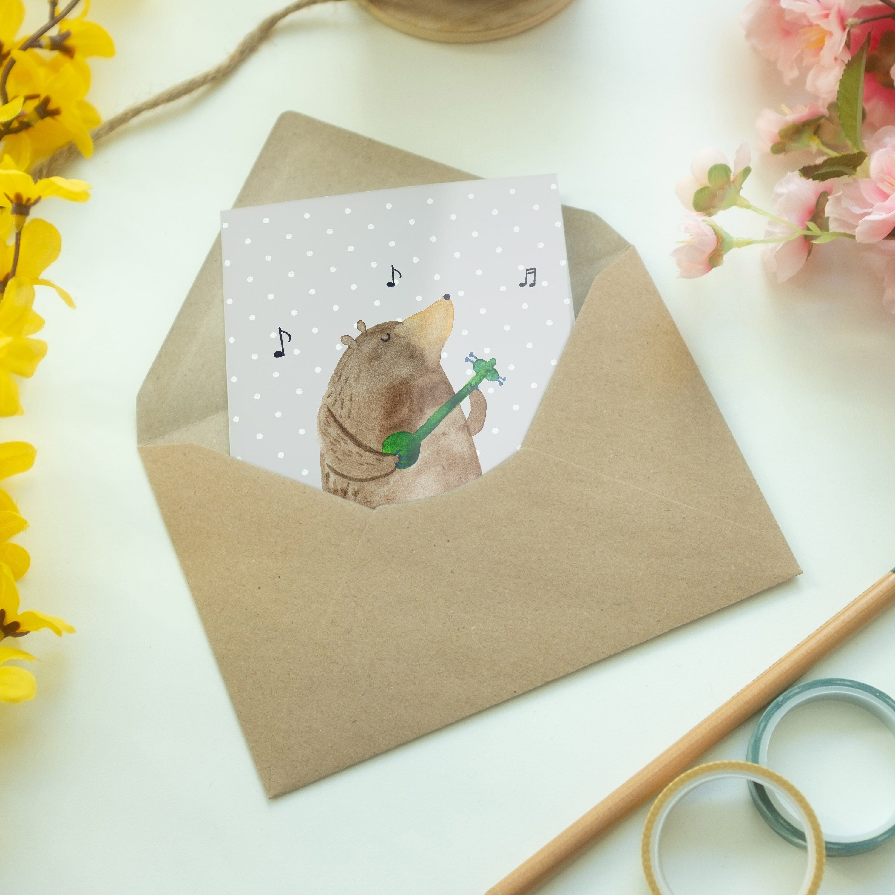 Karte, Bär Grußkarte Pastell Panda Geburtstagskarte, Gitarre - Einla & Geschenk, - Grau Mrs. Mr.