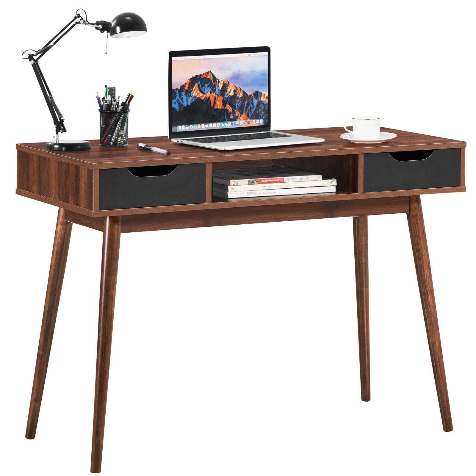 COSTWAY Computertisch, mit 2 Schubladen & offenem Fach, 110x50x78,6cm Braun