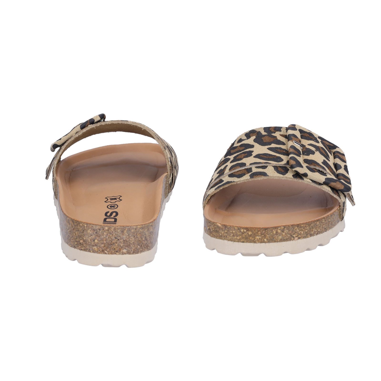 MIDS MINTA Damen Pantolette leo Animalprint, Einriemer mit Lederfußbett, Korksohle & Schnalle