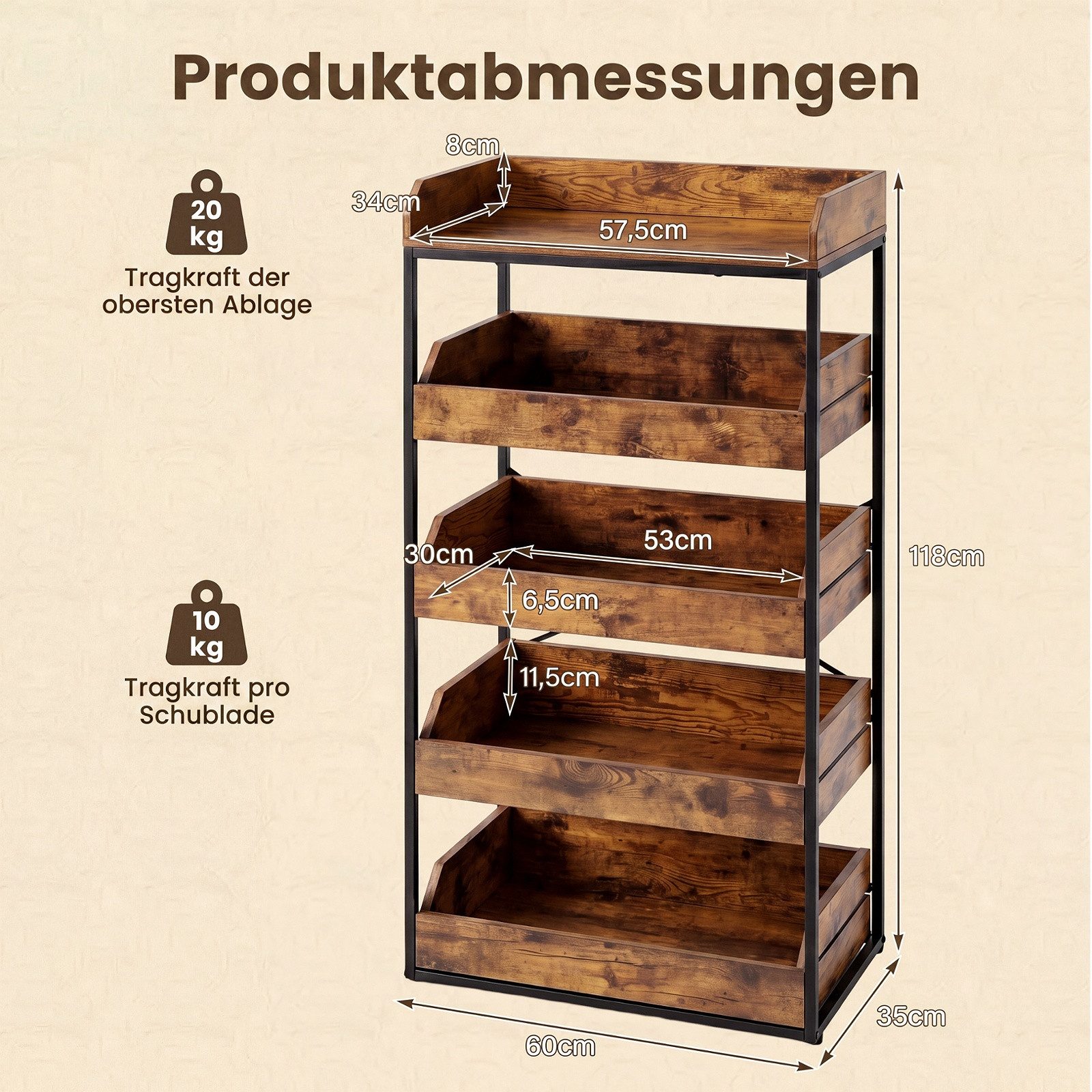 COSTWAY Küchenregal stehend mit 4 ausziehbaren Schubladen Standregal Küche, Holz – Bild 5 von 5
