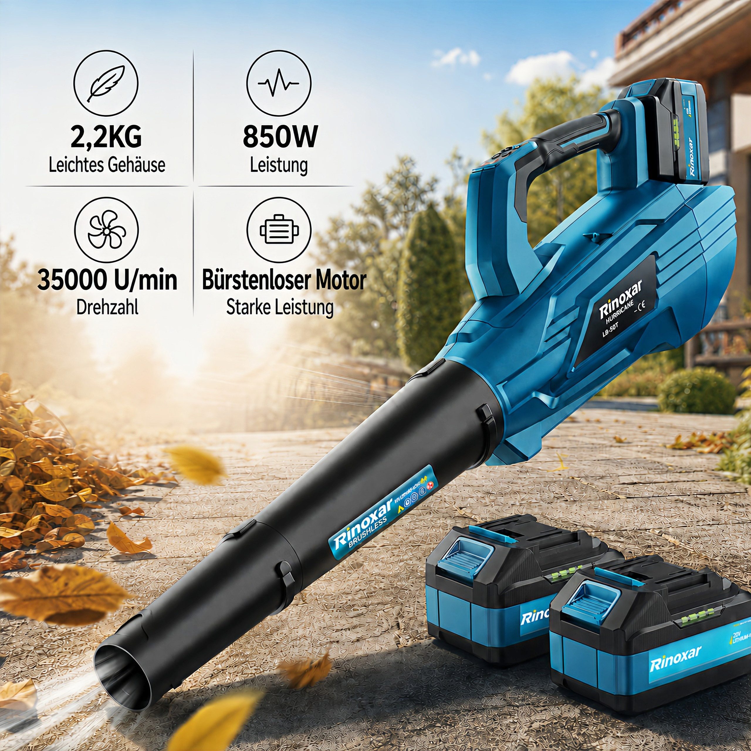Rinoxar Akku-Laubbläser Akku Laubbläser, Laubgebläse Akku mit Bürstenlosem Motor 35000RPM 850W, 5 Geschwindigkeiten, mit 2x5200mAh/18V Batterien, 2 Wechselbare Düsen