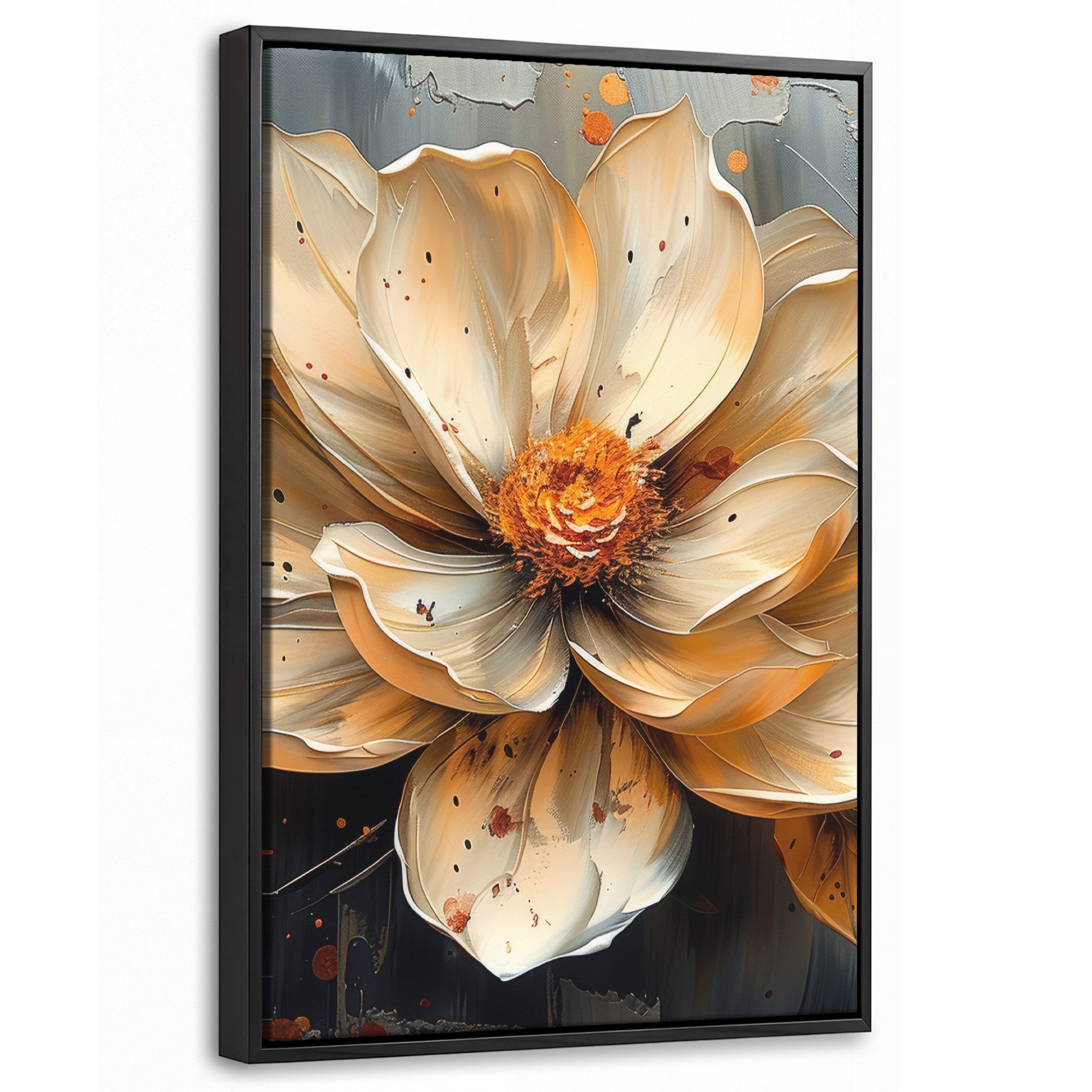 OneMillionCanvasses® Leinwandbild mit Rahmen - Blumen - Gold - Kunst - Schwarz - Modern, Fotodruck (1 St), Deko für Wohnzimmer Schlafzimmer Küche 20x30cm