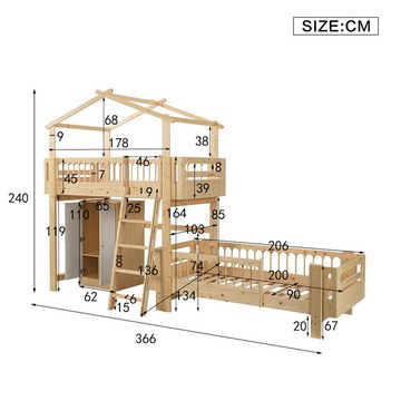 Ulife Etagenbett Natur Kiefer Hausbett, Kinderbett 90x200cm ×2, Absturzsicherung an vier Seiten, mit Schrägleiter