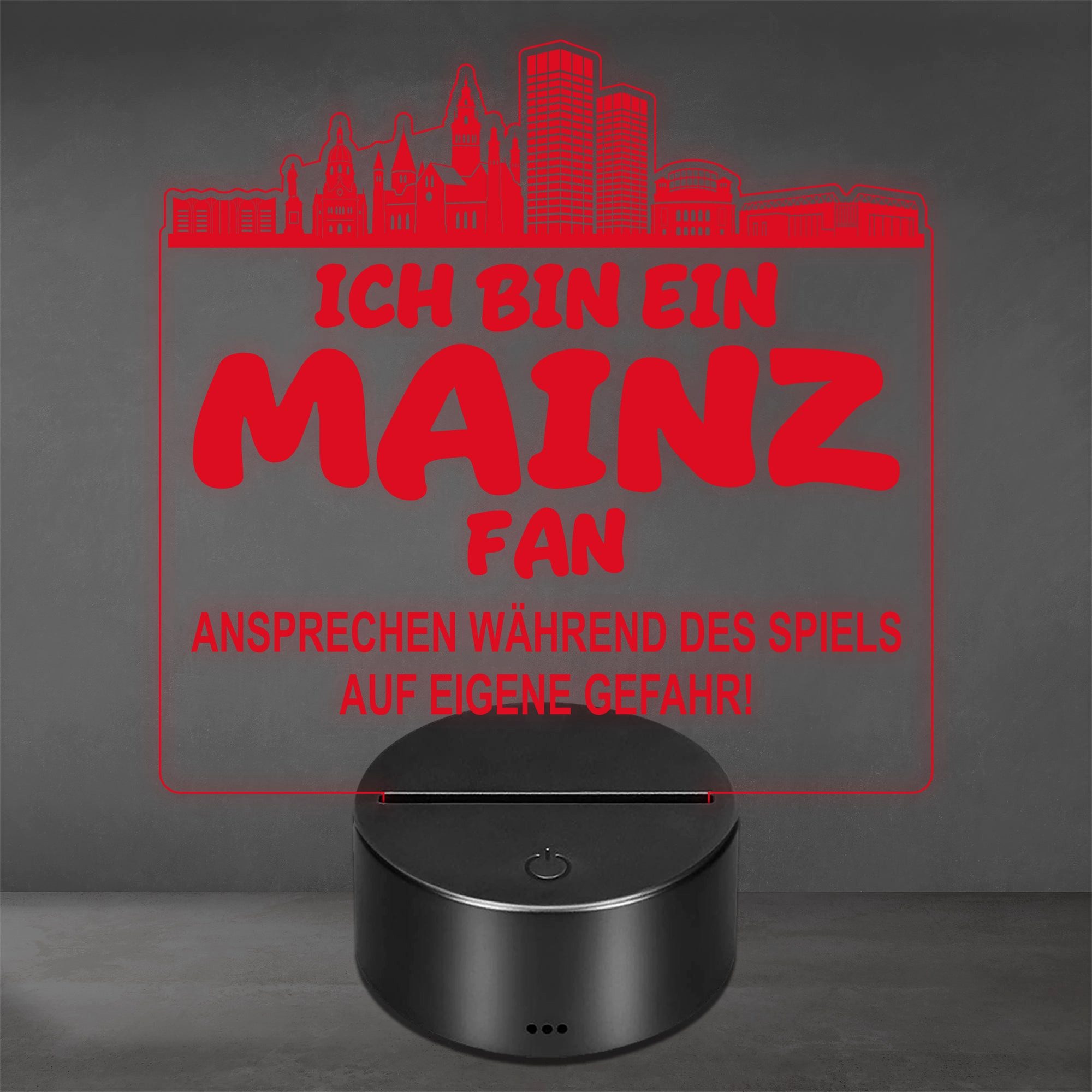 Lieblingsmensch LED Nachtlicht Fußball - Ich bin ein Mainz Fan - Ansprechen auf eigene Gefahr, LED fest integriert, Farbwechsel oder feste Farbe mit Fernbedienung & Touch, Man Cave Stimmungslicht – 19x23cm