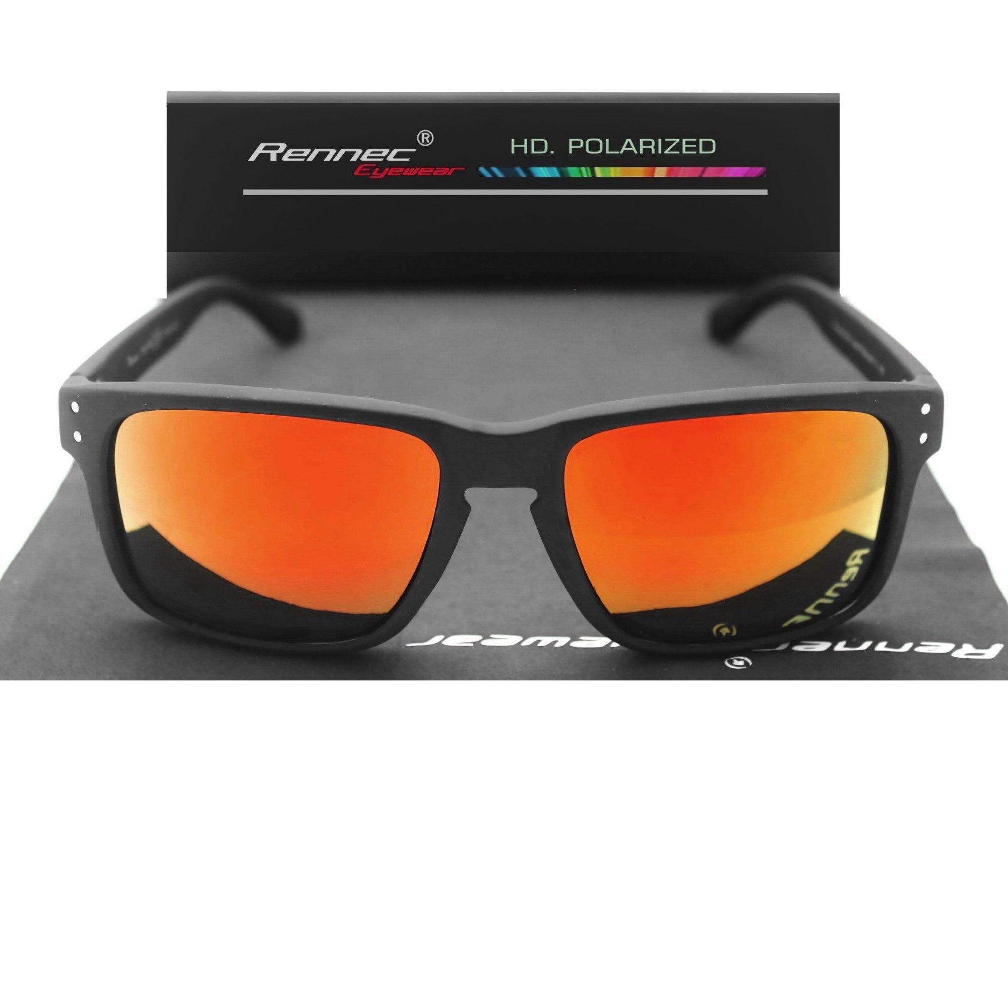 Rennec Sonnenbrille Herren Markenbrille Polarisiert Rechteckig mit Brillenbeutel Gläser Orange Verspiegelt stabile Bügelgelenke Markenschriftzug