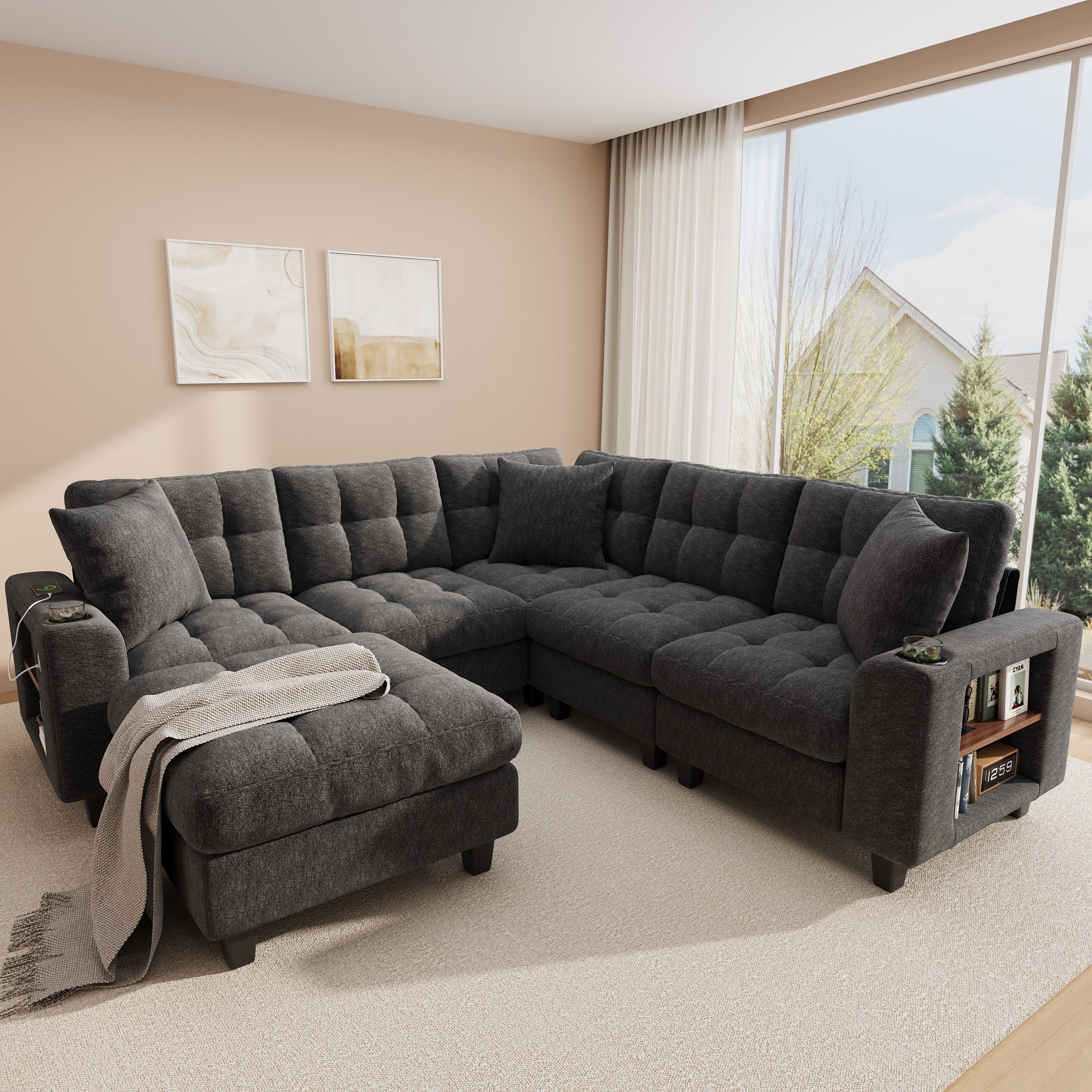 i@home Ecksofa U-förmiges XXL-Modulares Ecksofa, Set, 6-Sitzer Chenille-Sofa mit Bücherregal-Armlehnen