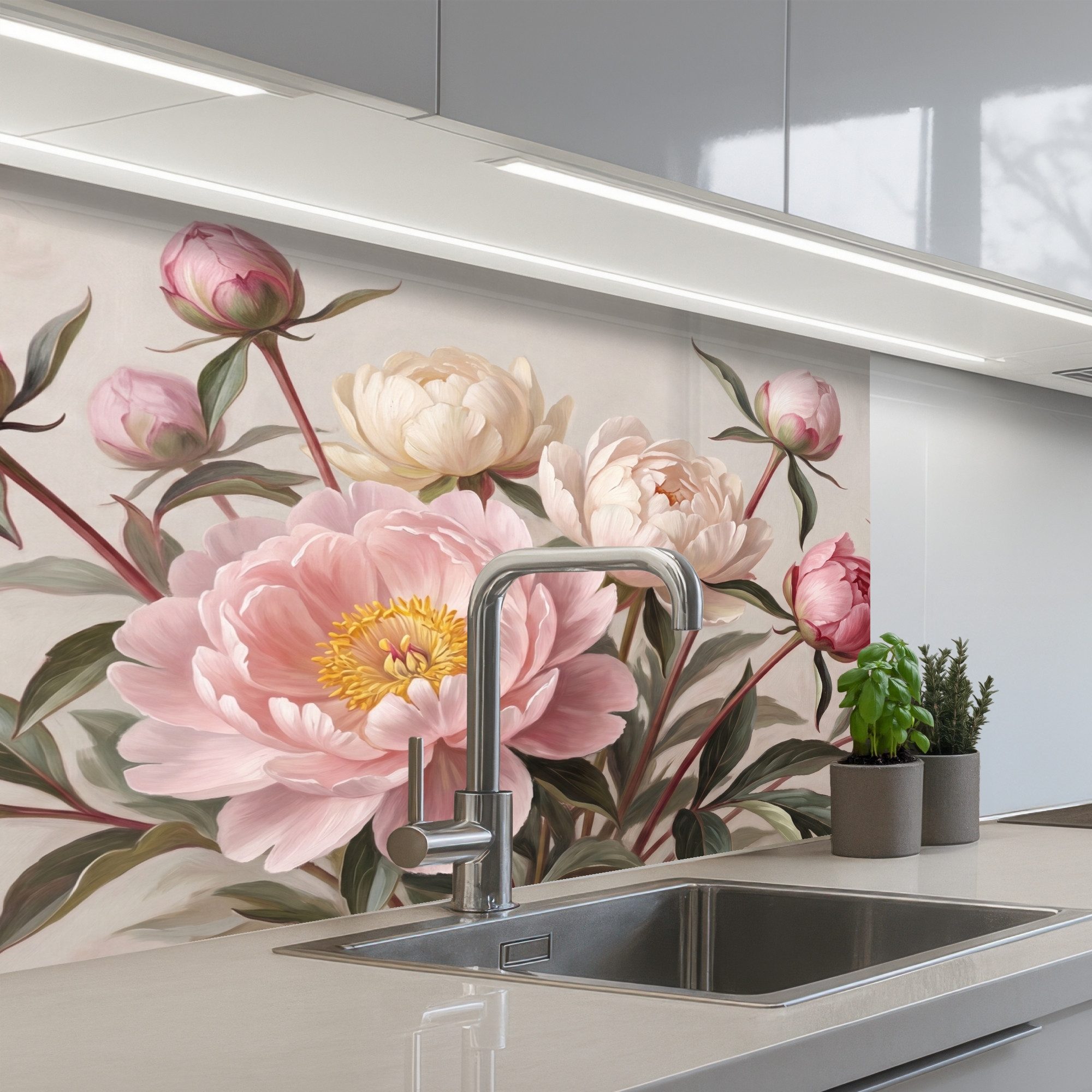 KitchenYeah Küchenrückwand selbstklebend (keine Folie) Pfingstrosen - Strauß - Rosa, (1-tlg), Spritzschutz, Küche, Rückwand, Küchenwand, Küchenfront, 80x60 cm