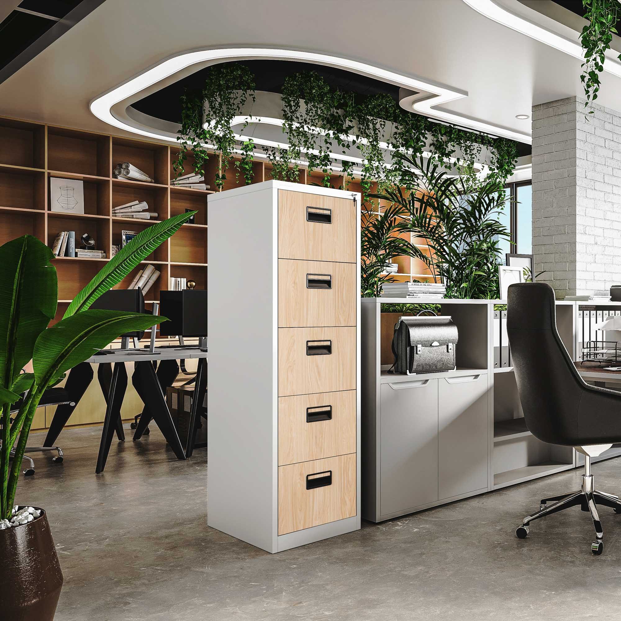 Jan Nowak Aktenschrank Metall Aktenschrank 5 Schubladen SARA V5 46 x 163 x 62 cm Stahl (0,6 mm Kugellagerschienen Anti-Kipp-Sicherung Wandmontage) Büroschrank abschließbar Schloss robust 5 Farben PZH DSGVO