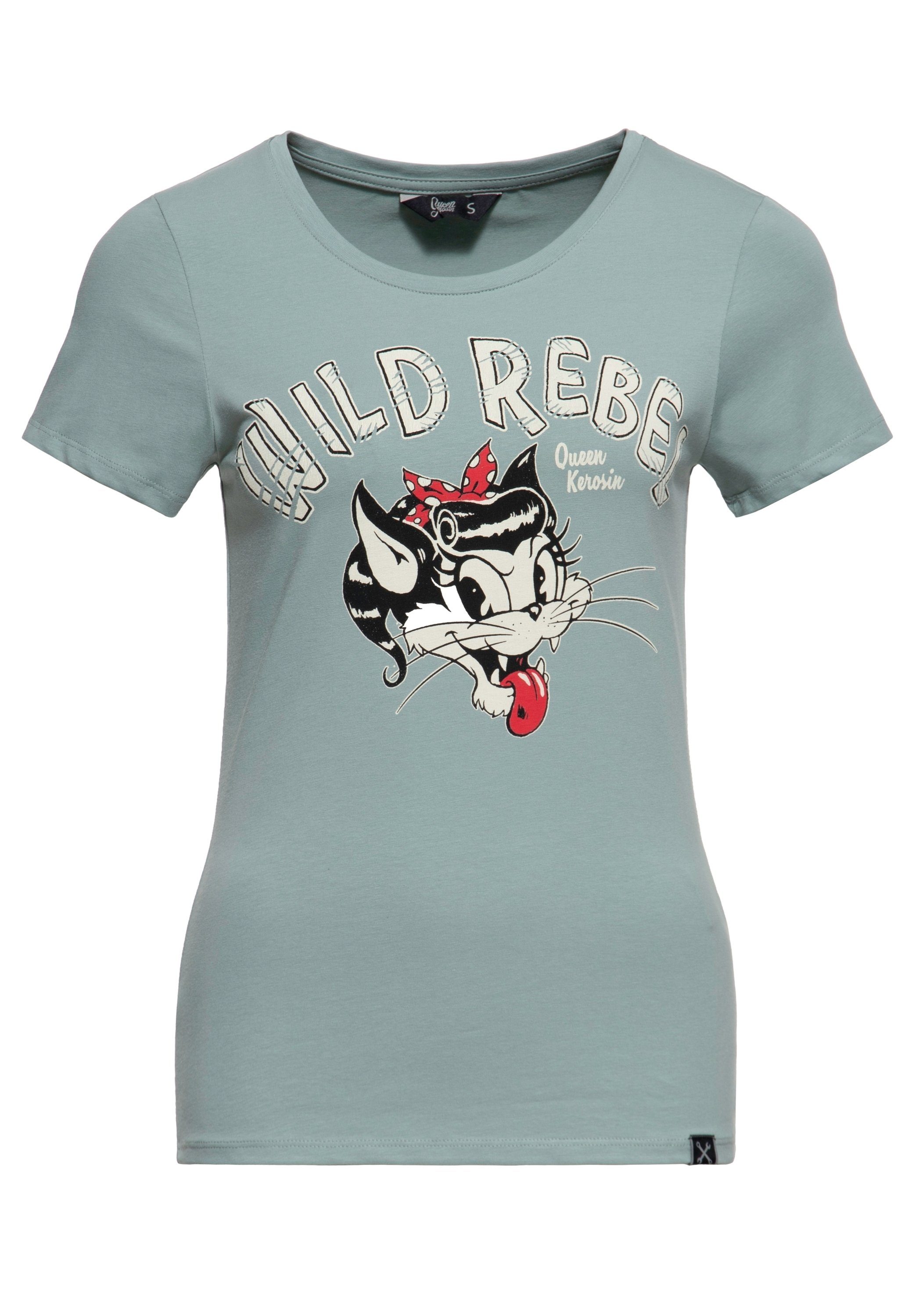 QueenKerosin Kurzarmshirt Cartoon Rebel mit Print grün Wild