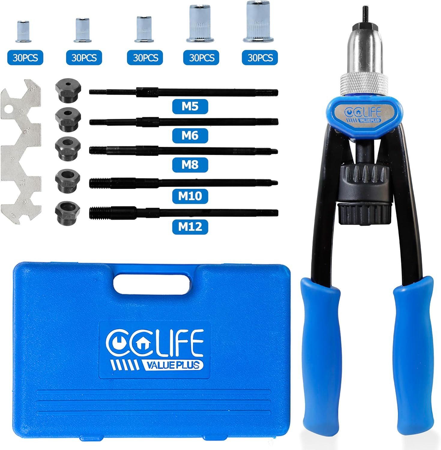 CCLIFE Montagezange Nietmutternzange, Nietzange Set inkl.150 M5-M12 Gewinde Nietmuttern, Set, M5-M12 150 Nietmuttern Profi Nietmutternzange Set