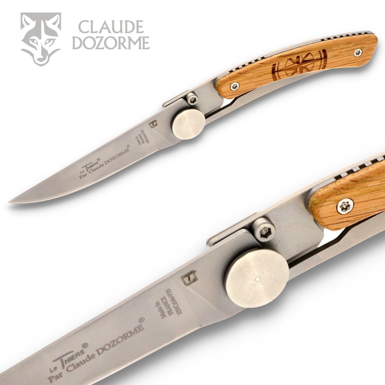 Claude Dozorme Taschenmesser 1.90.142.46BO, Le Thiers "Kompass" - Griff 10cm Eiche - LinerLock - Clip - Stahl matt