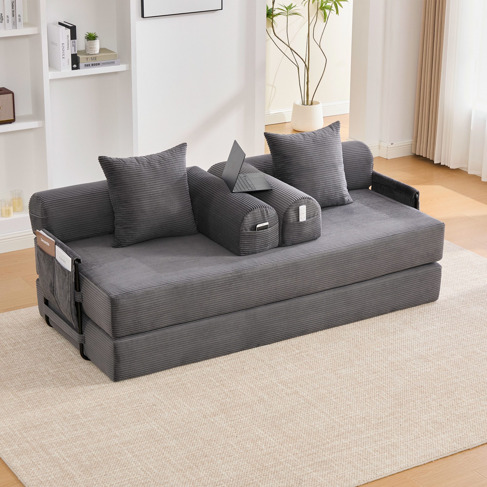 STILVORA Schlafsofa mit Seitentaschen,Klappsofa Relaxsofa mit Kissen&Metallrahmen, Stoffbezug, inklusive 3 Kissen und praktischen Seitentaschen, flexibel kombinierbar zur individuellen Loungegestaltung