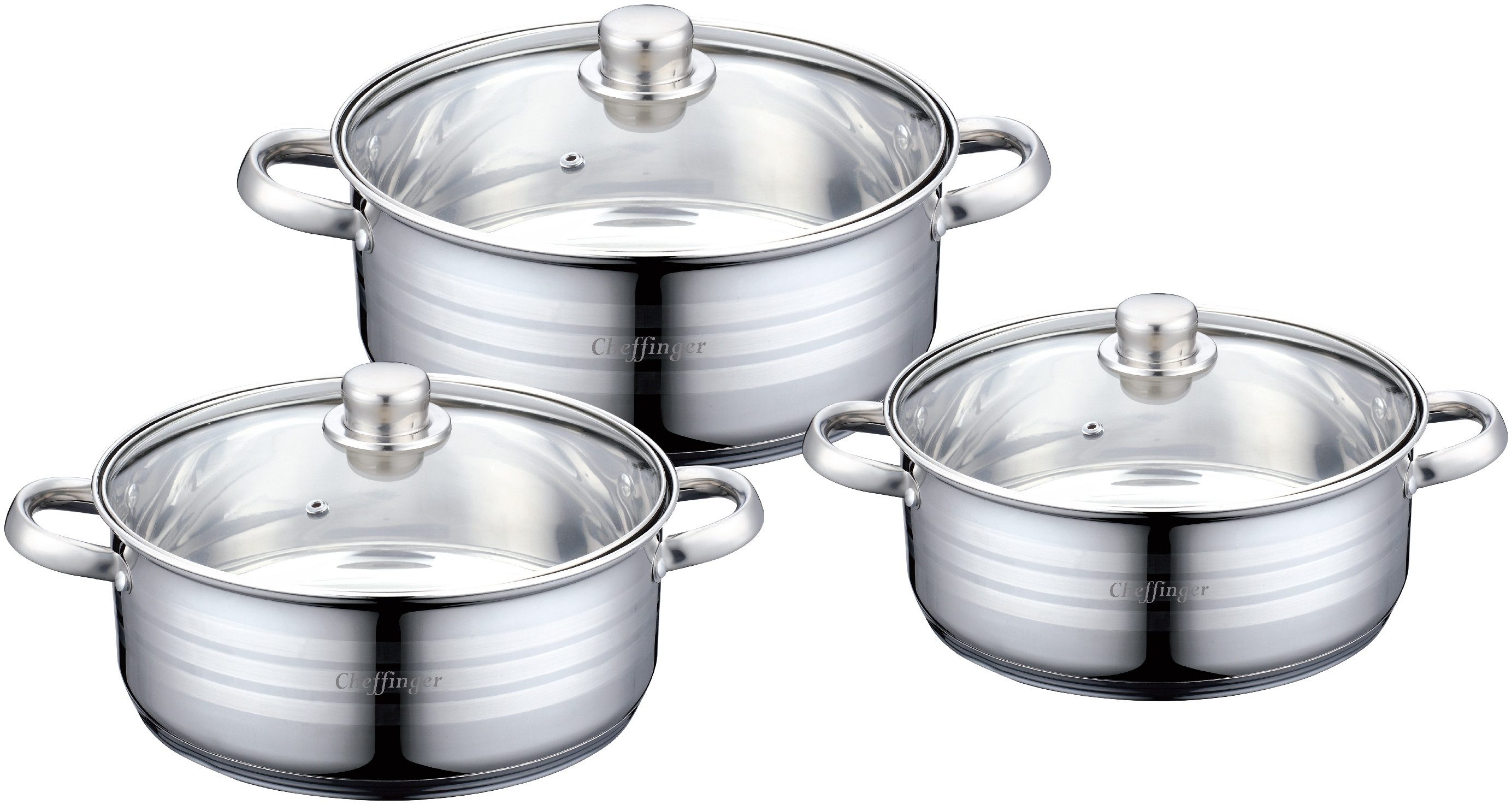 Topf-Set Cheffinger Kochtopf Set Topfset Glasdeckel 6-tlg Induktion Edelstahl