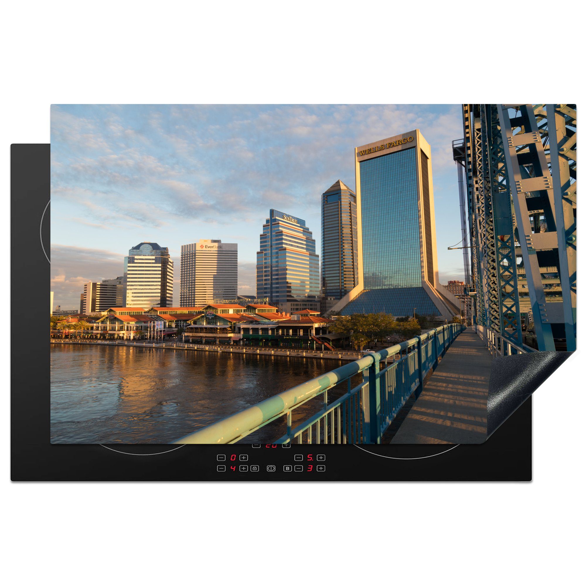 MuchoWow Herdblende-/Abdeckplatte Jacksonville in den USA von der Main Street Bridge aus gesehen, Vinyl, (1 tlg), 81x52 cm, Induktionskochfeld Schutz für die küche, Ceranfeldabdeckung