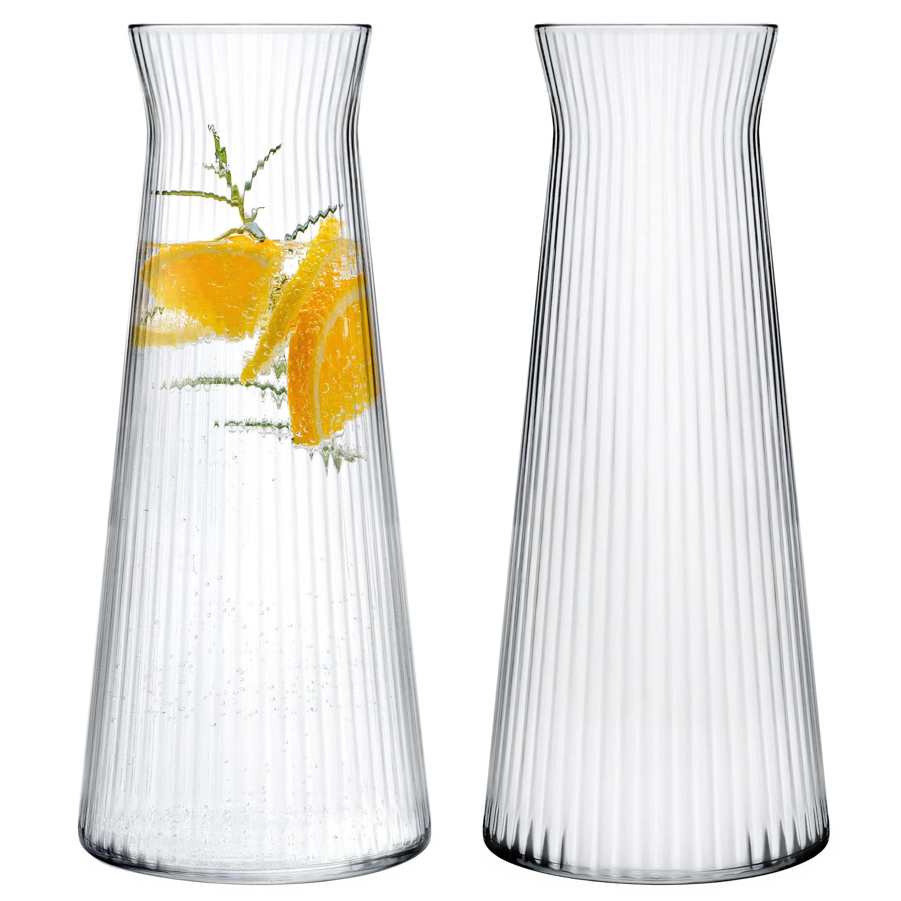 KONZEPT Wasserkaraffe Karaffe Glas 1 liter, geriffelte, Wasserkaraffe ohne Deckel, (2-tlg), zum Servieren von Wasser, Wein, Säften sowie als Vase