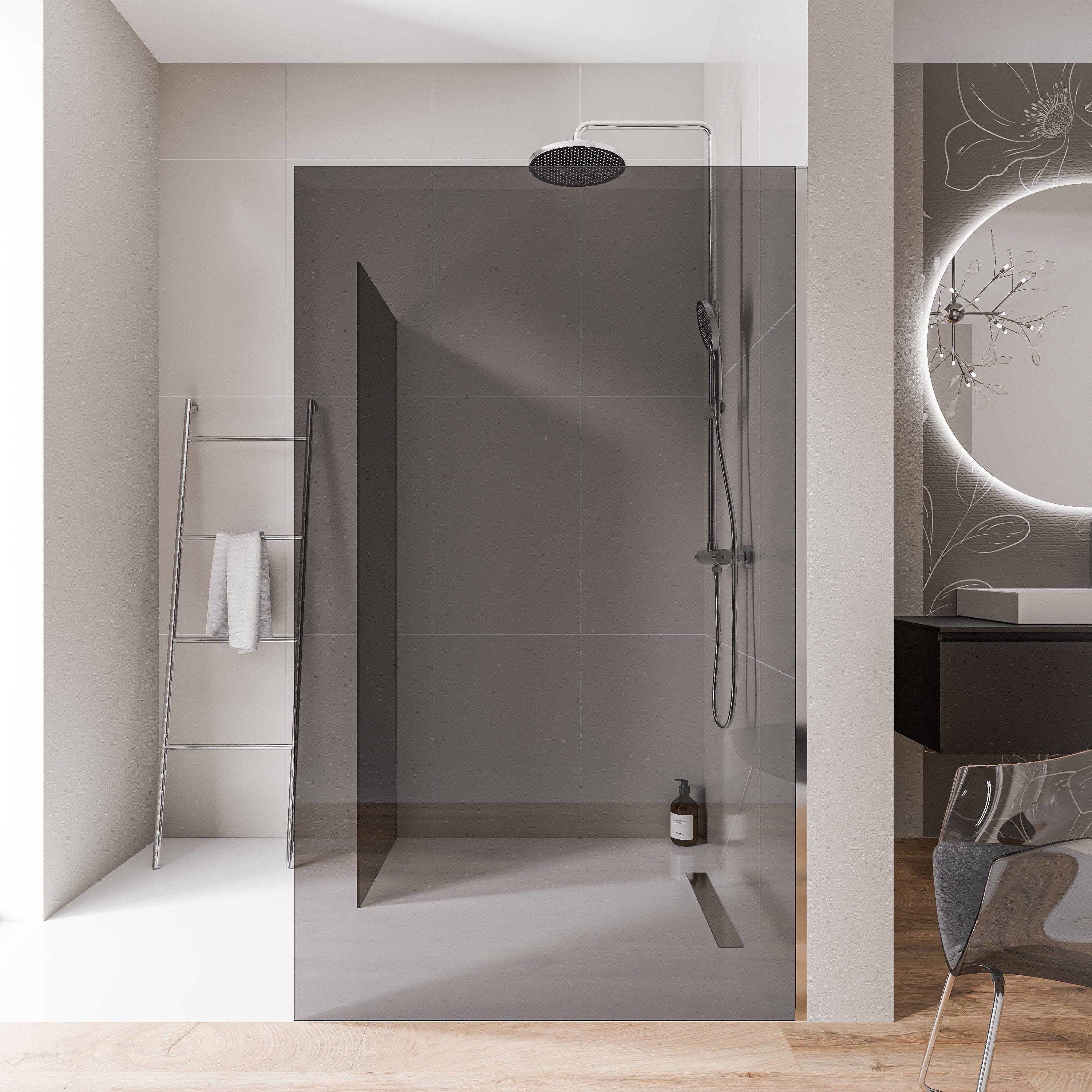 Bernstein Walk-in-Dusche EX102, Einscheibensicherheitsglas (ESG), (2 tlg., Ohne Bodenprofil), Graues Glas, 10 mm, Ohne Bodenprofil, Profil Chrom